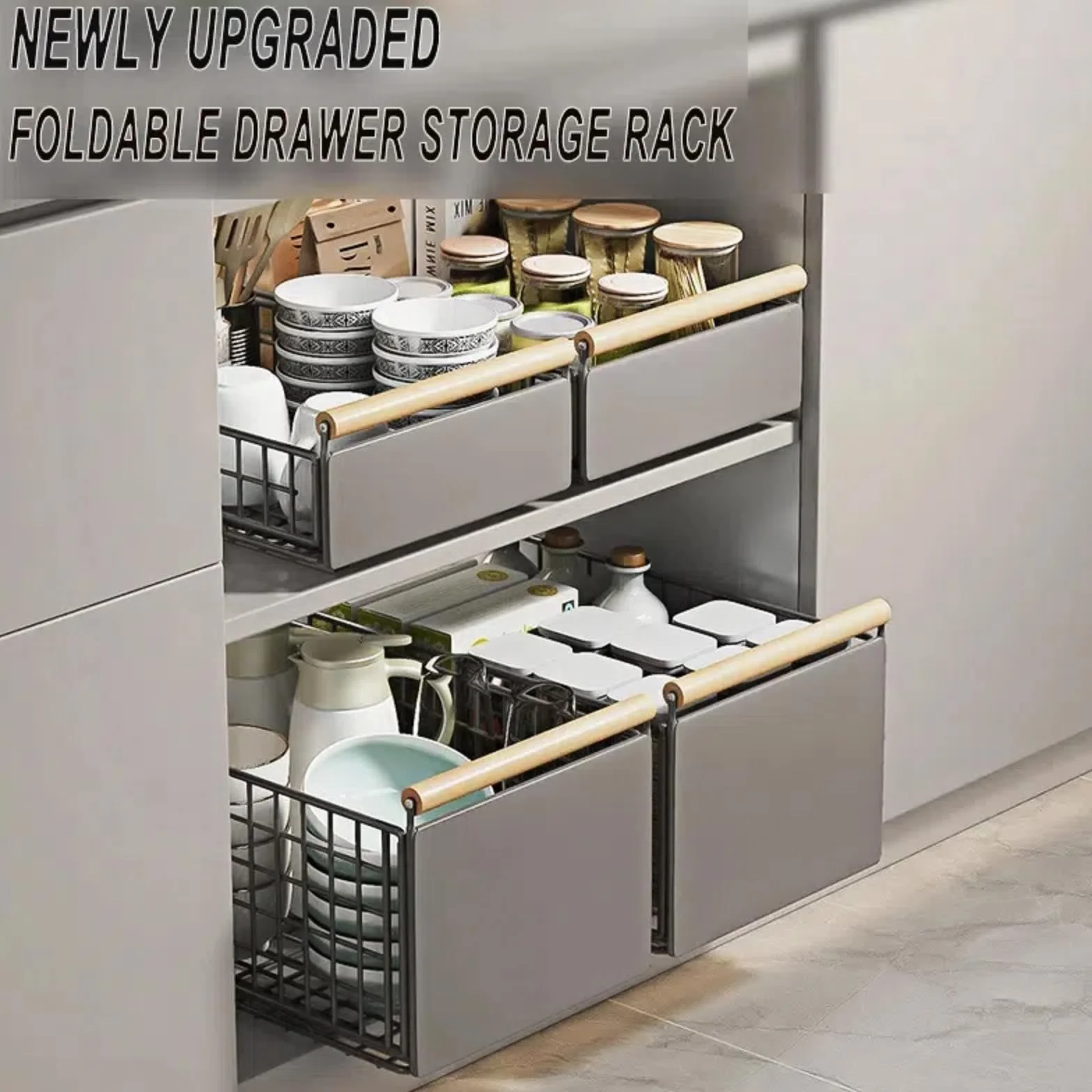 Metalowa Wysuwana Szuflada do Szafki Kuchennej 39,5×23,5×19,5 cm – Organizer z Prowadnicami i Drewnianym Uchwytom Montaż Bez Wiercenia Idealna do Kuchni i Łazienki