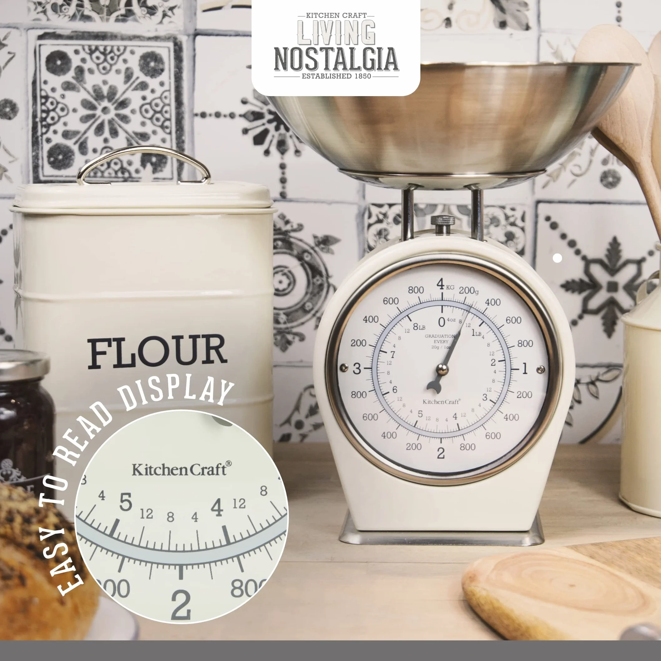 KitchenCraft Living Nostalgia, Mechaniczna Waga Kuchenna, Udźwig: 4 kg, ‎30 × 18 × 18 cm - Kolor Kremowy