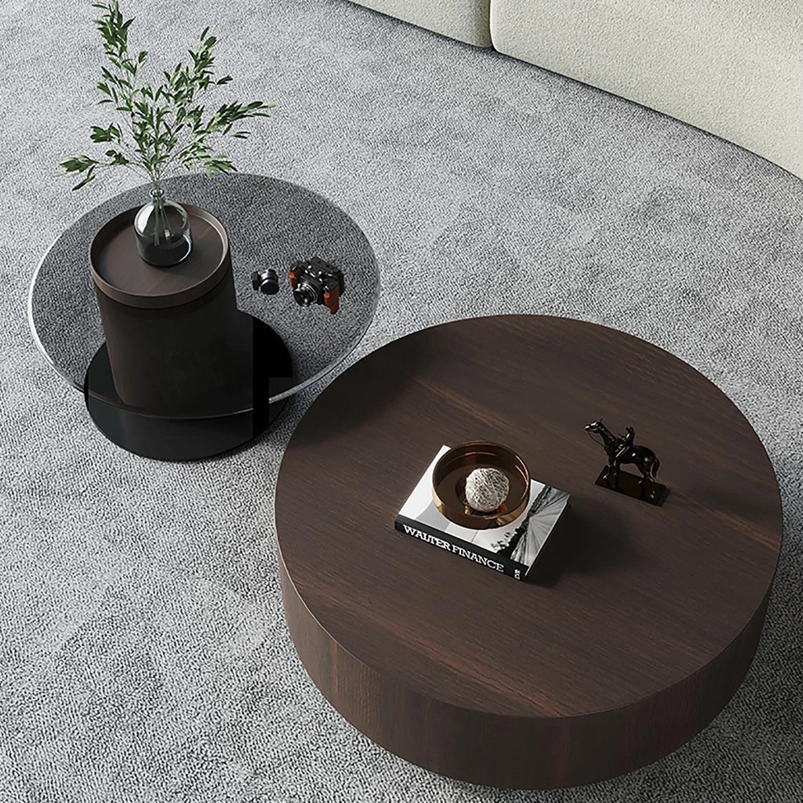 WestUx Nowoczesny okrągły stolik kawowy, zestaw dwóch stolików bocznych Mid Century Minimalist, szklany blat, do salonu, sypialni, biura, 90+60cm