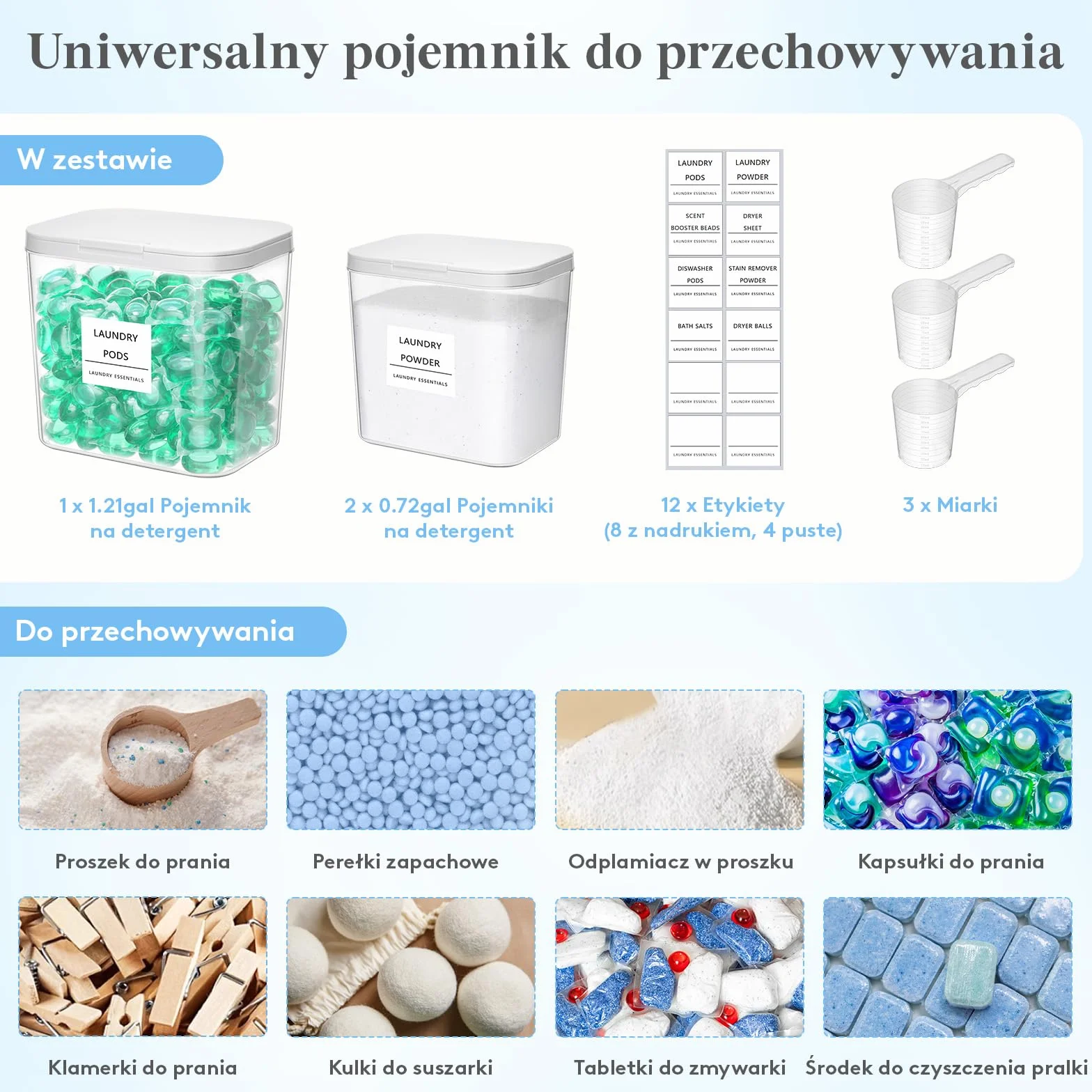 Lifewit 2700 x2+4500 ml/0,72x2+1,2 gal pudełka do przechowywania środków do prania w kapsułkach z zapięciem, pudełko do przechowywania proszku do prania z etykietą i łyżeczką, pudełka do środków do