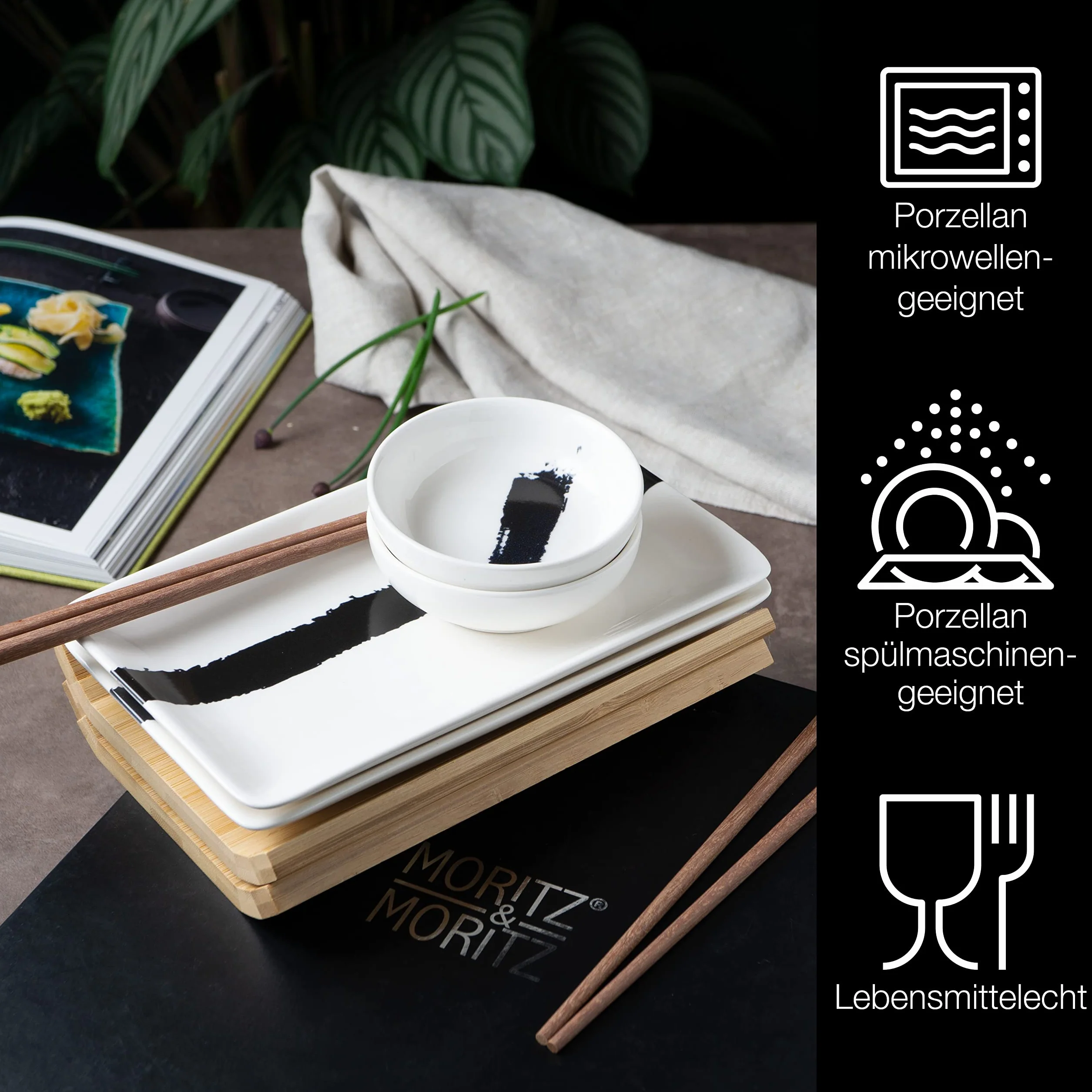 Moritz & Moritz 8-częściowy zestaw naczyń do sushi dla 2 osób – zestaw do serwowania sushi z 2 talerzami do sushi, miseczkami do dipów i pałeczkami