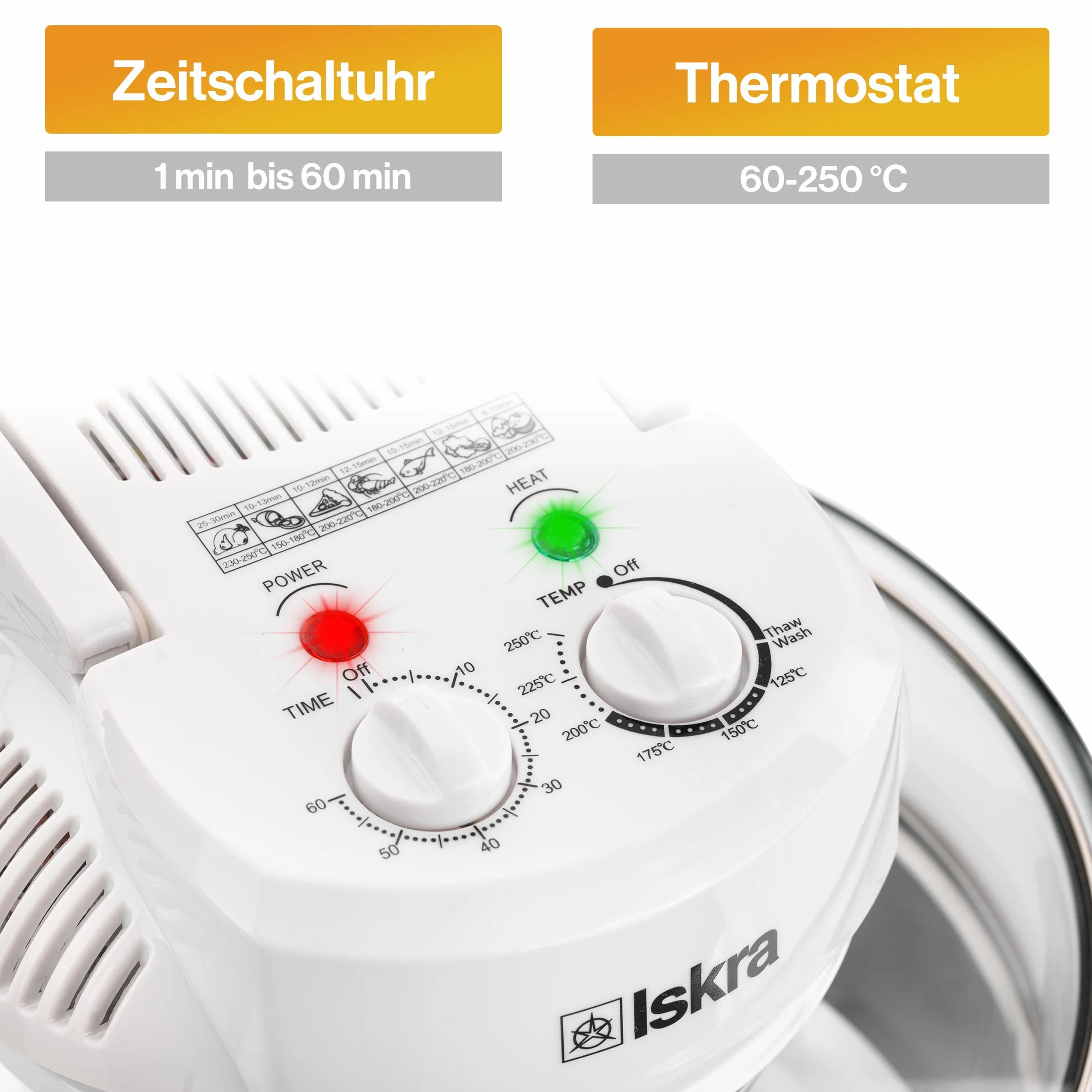 Iskra Piec halogenowy 12-17 l, wydajny piec konwekcyjny, 250 °C piec na gorące powietrze z timerem, 1400 W, szybkie nagrzewanie, wytrzymałe szkło, bogate akcesoria
