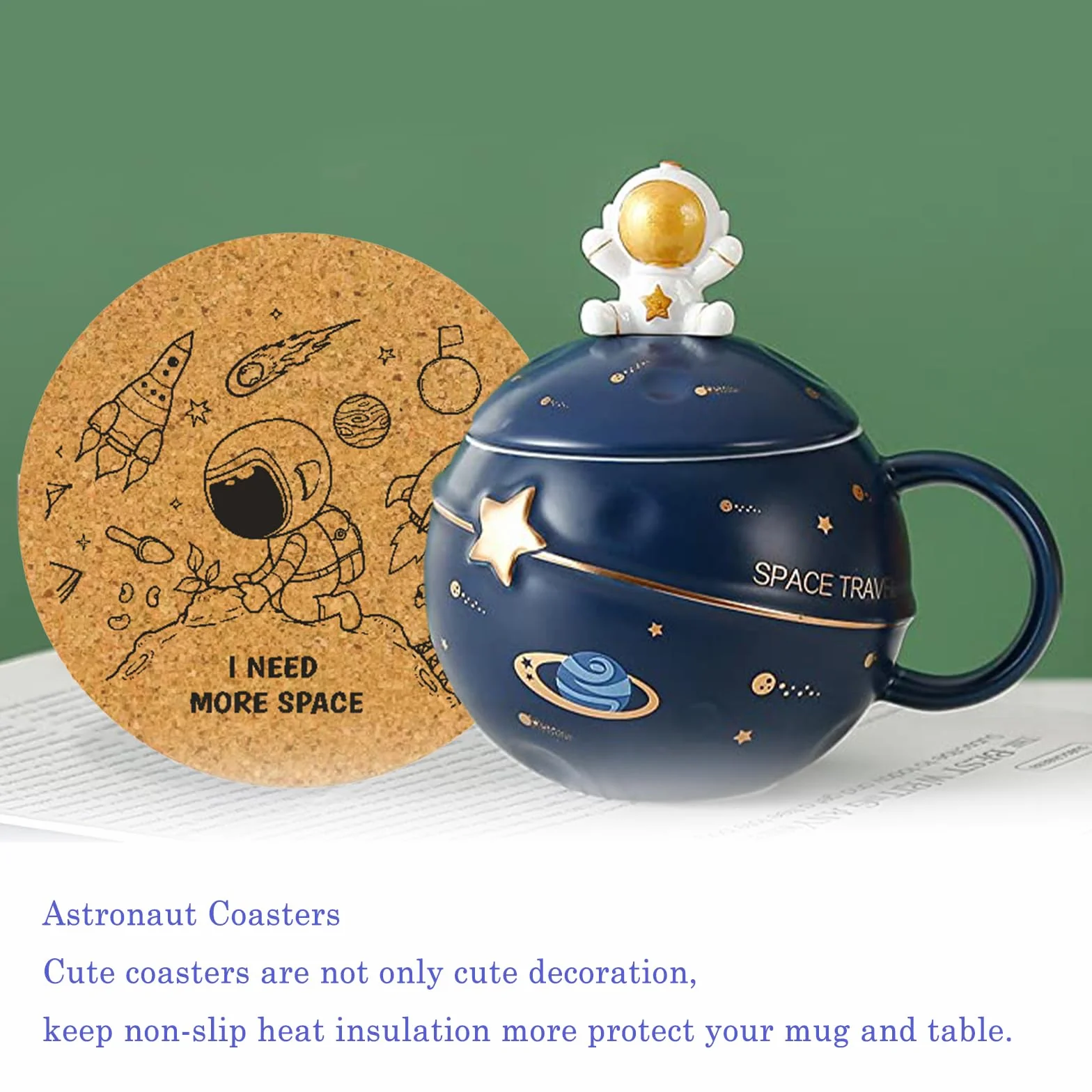 Yalucky Kawaii kubek astronauty z wytłoczoną planetą, uroczy ceramiczny kubek do kawy, nowość kubek z pokrywką i łyżką do kawy, herbaty, mleka, estetyczna dekoracja pokoju (granatowy)
