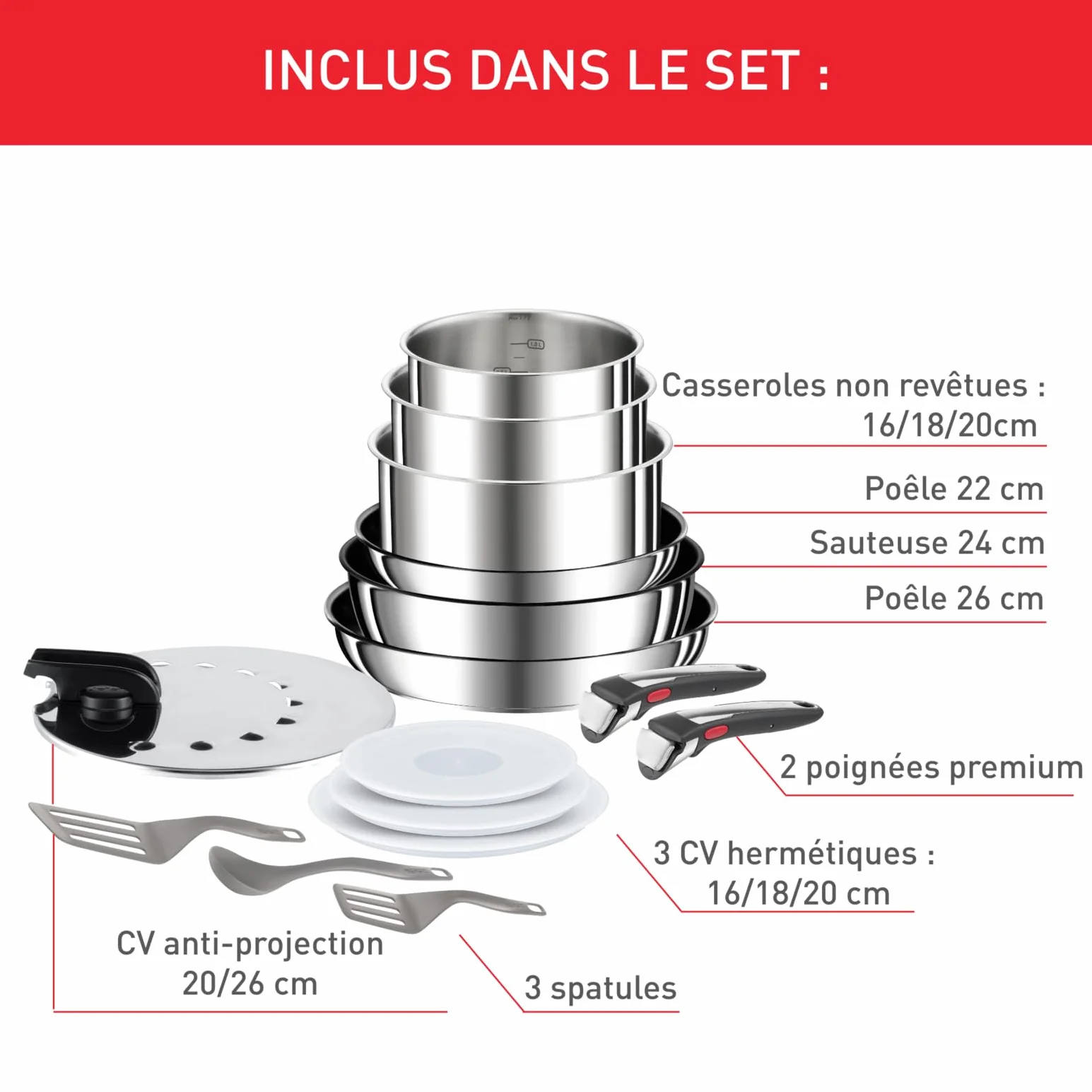 TEFAL Ingenio Preference 13-częściowy zestaw patelni do układania, stal nierdzewna, nadaje się do indukcji, uniwersalne patelnie, oszczędność miejsca L9749532