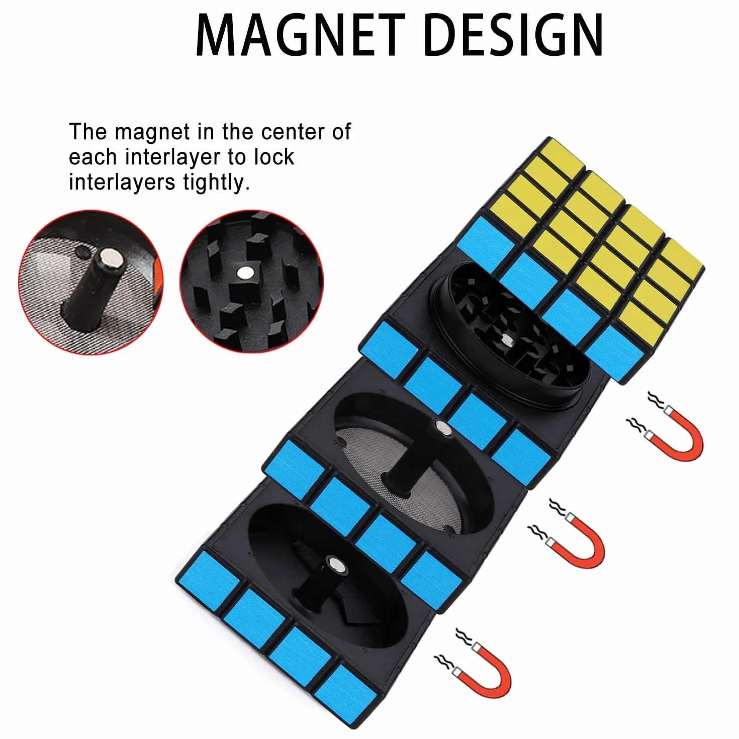 Młynek do ziół i przypraw 2,3 cala (58 mm) stop cynku 4-częściowy z łapaczem pyłków i pokrywką magnetyczną