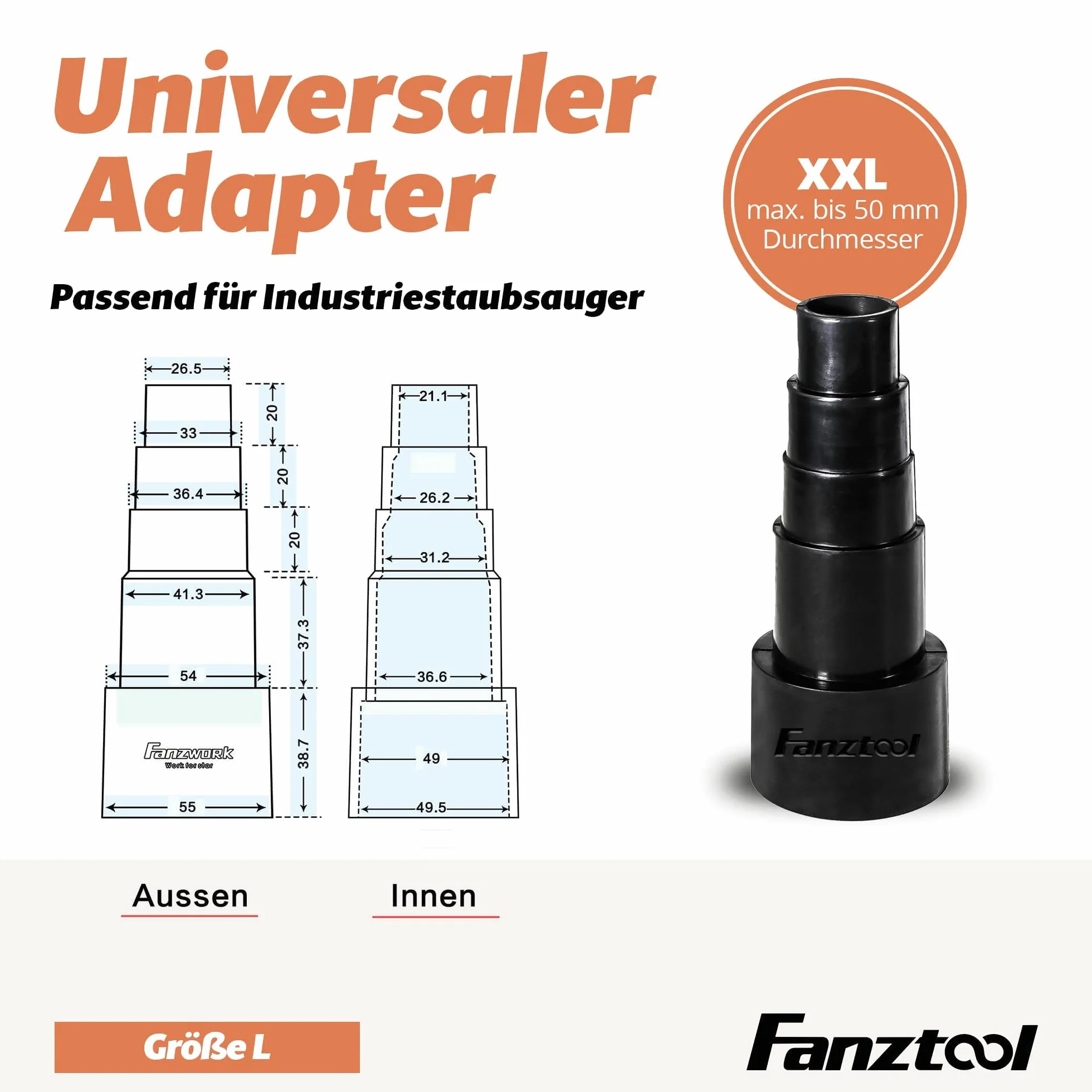 FANZTOOL XXL Uniwersalny adapter węża 50 mm, adapter do odkurzacza, reduktor węża, np. Bosch, Makita, Kärcher - Podłączenie do węża odkurzacza