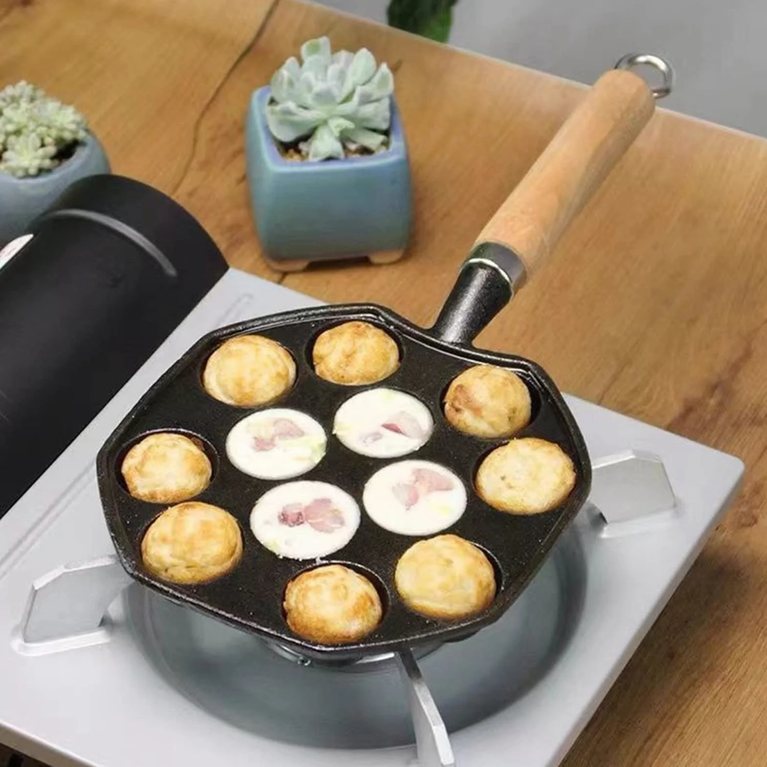 14 otworów Takoyaki patelnia do grilla, nieprzywierająca żeliwna ośmiornica, kulki mięsne, forma z odpinanym uchwytem, do domowego pieczenia naleśników