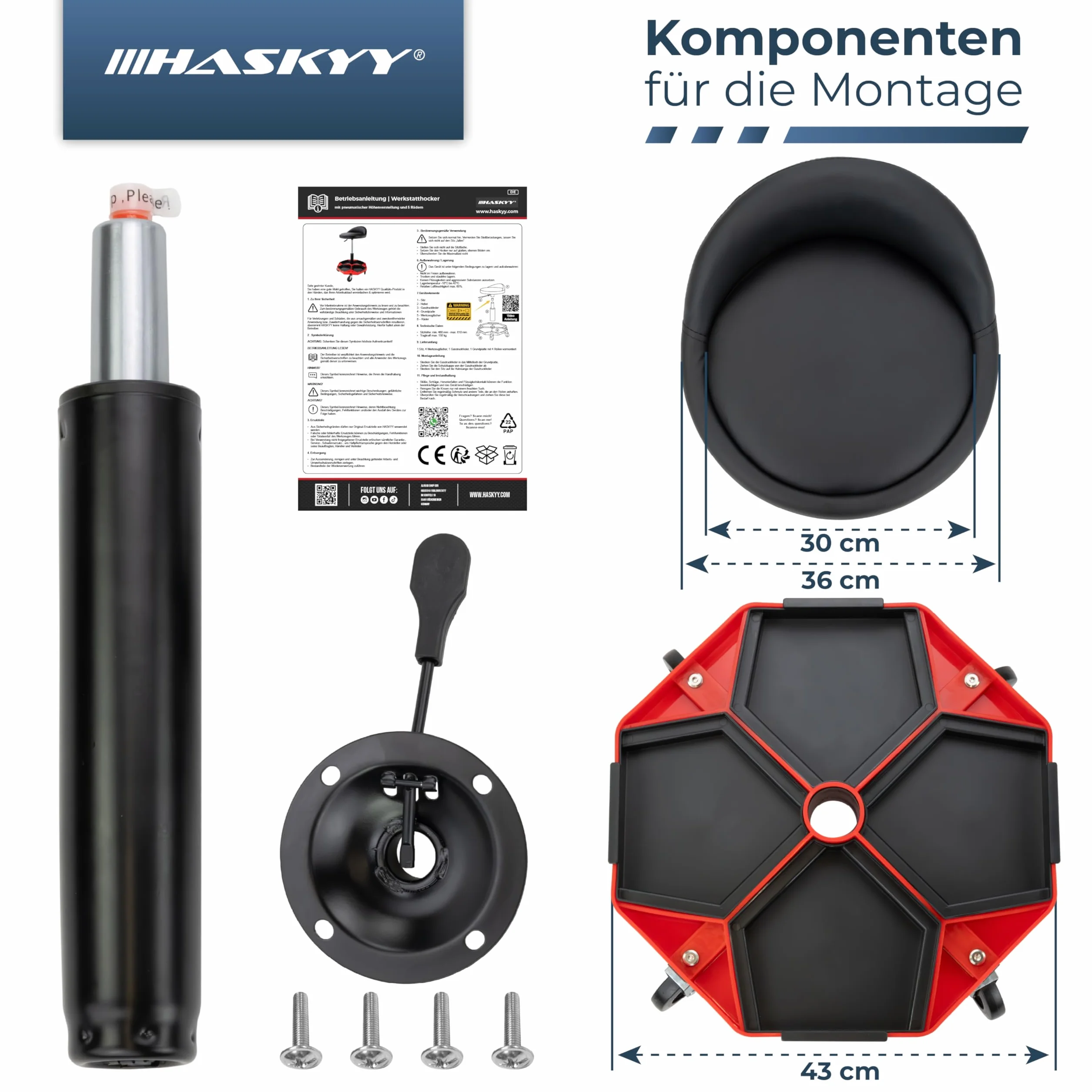 HASKYY Taboret warsztatowy z oparciem | regulacja wysokości 43-58 cm | taboret na kółkach do 150 kg | siedzisko warsztatowe z półkami | taboret do gabinetu i warsztatu z kółkami 360°