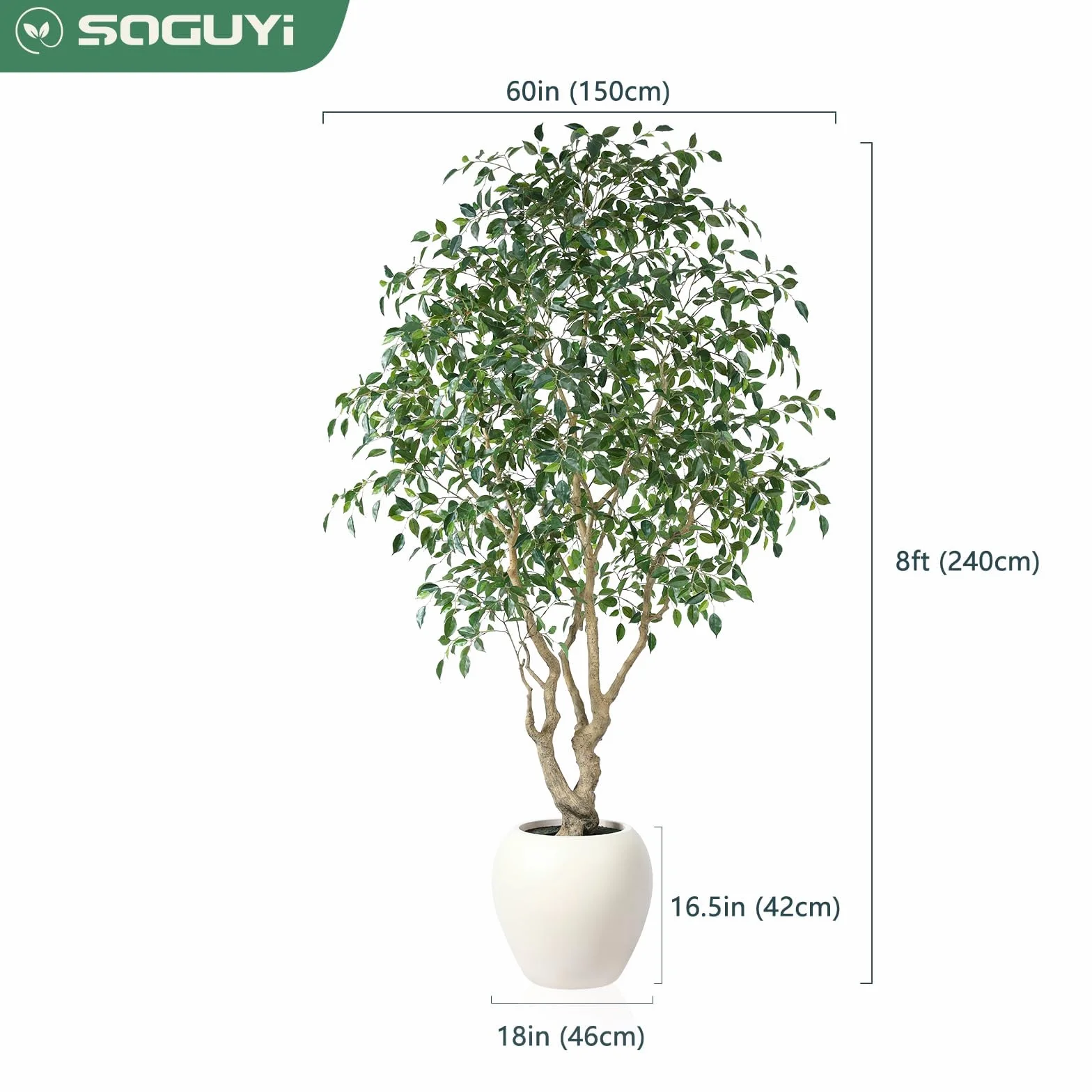 SOGUYI Sztuczne drzewko Ficus do wewnątrz, wysokie na 20 m wysokości, sztuczne drzewko figowe z okrągłą doniczką rzemieślniczą, wysokiej jakości, ręcznie wykonane, realistyczne pień i realistyczne
