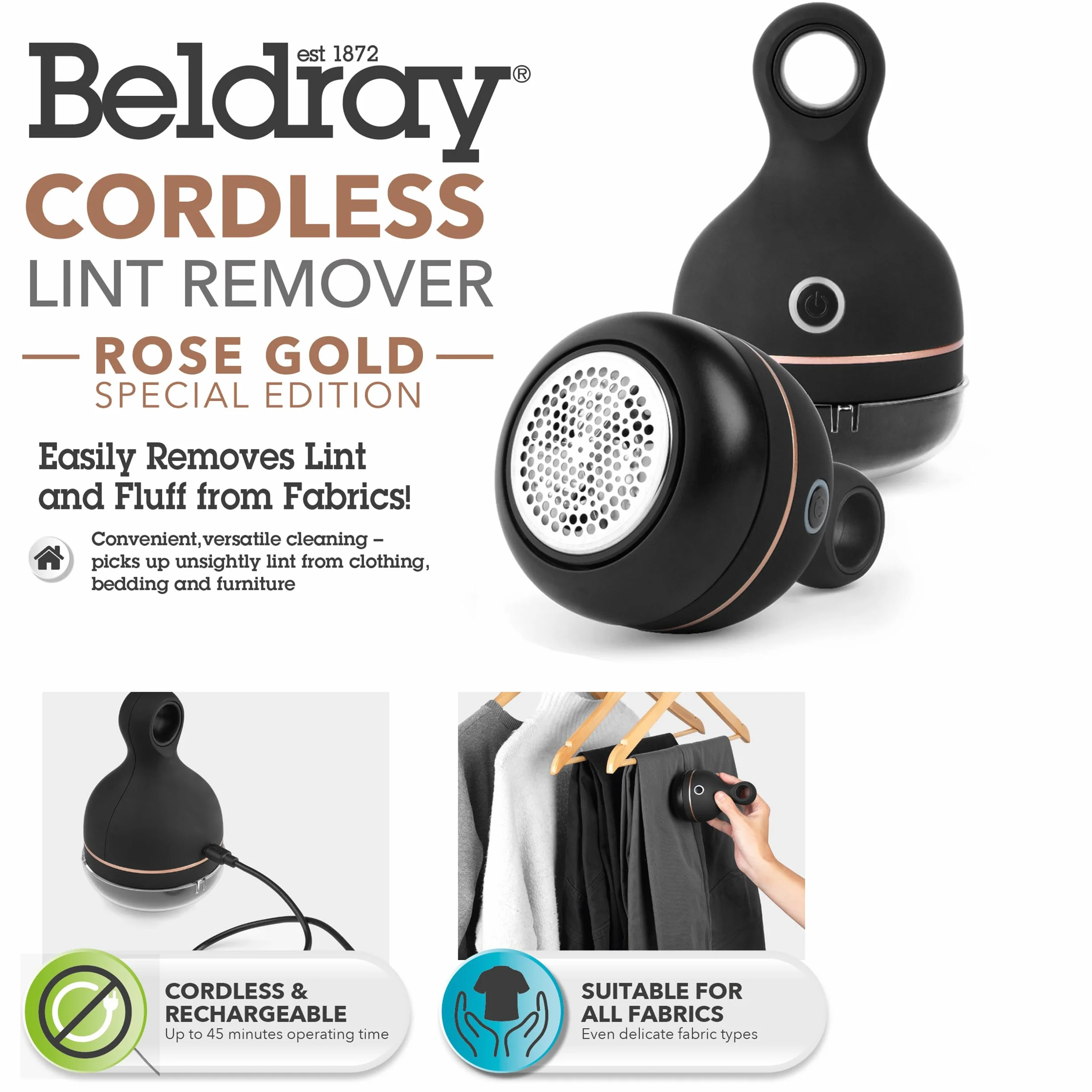 Beldray BEL01034 Cordless Electric Lint Bobble Remover, Rechargeable & Reusable, 45 Minutes Operating Time, Multi Use, XL Head, Suitable Pilling On All Fabrics, Clothing & Upholstery, Rose Gold/Black