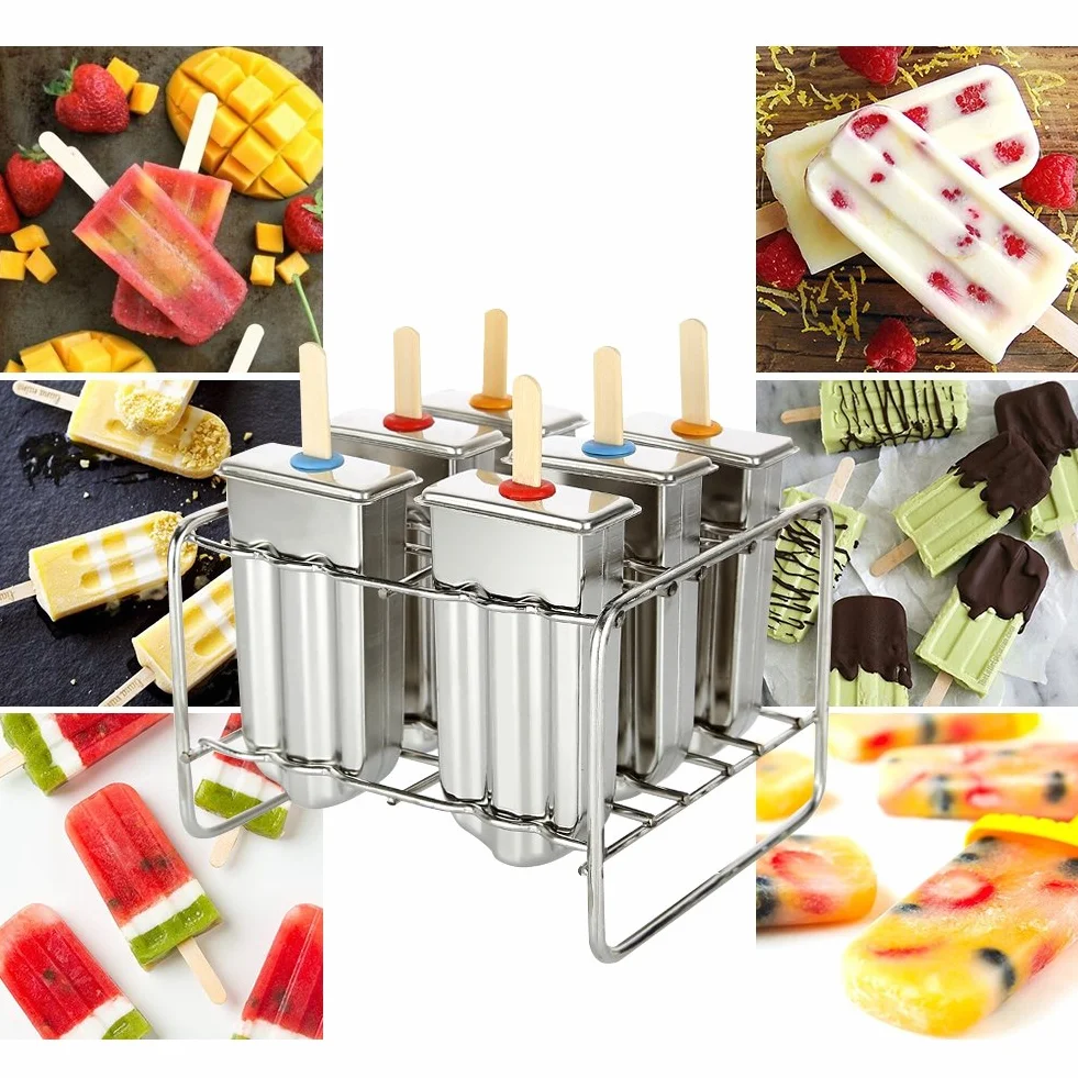 Formy do lodów 6 x Formy do lodów ze stali nierdzewnej Formy do lodów Popsicle Formy do lodów Zestaw form do lodów z uchwytem na patyk i szczoteczką do kubka na domowe lody na patyku