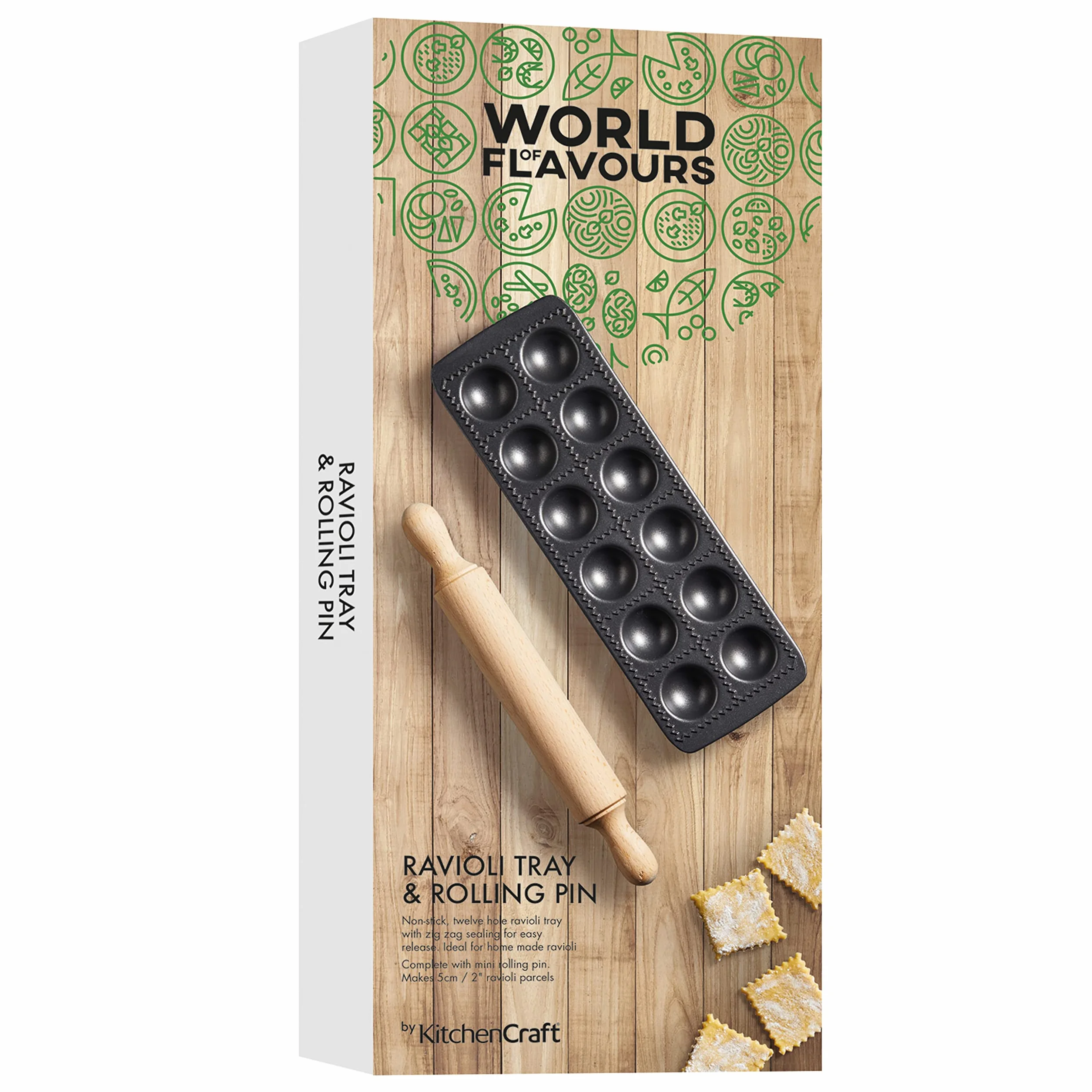 KitchenCraft Foremka do Ravioli World of Flavours, 12 Otworów, Wałek, Stal Węglowa – Kolor Czarny