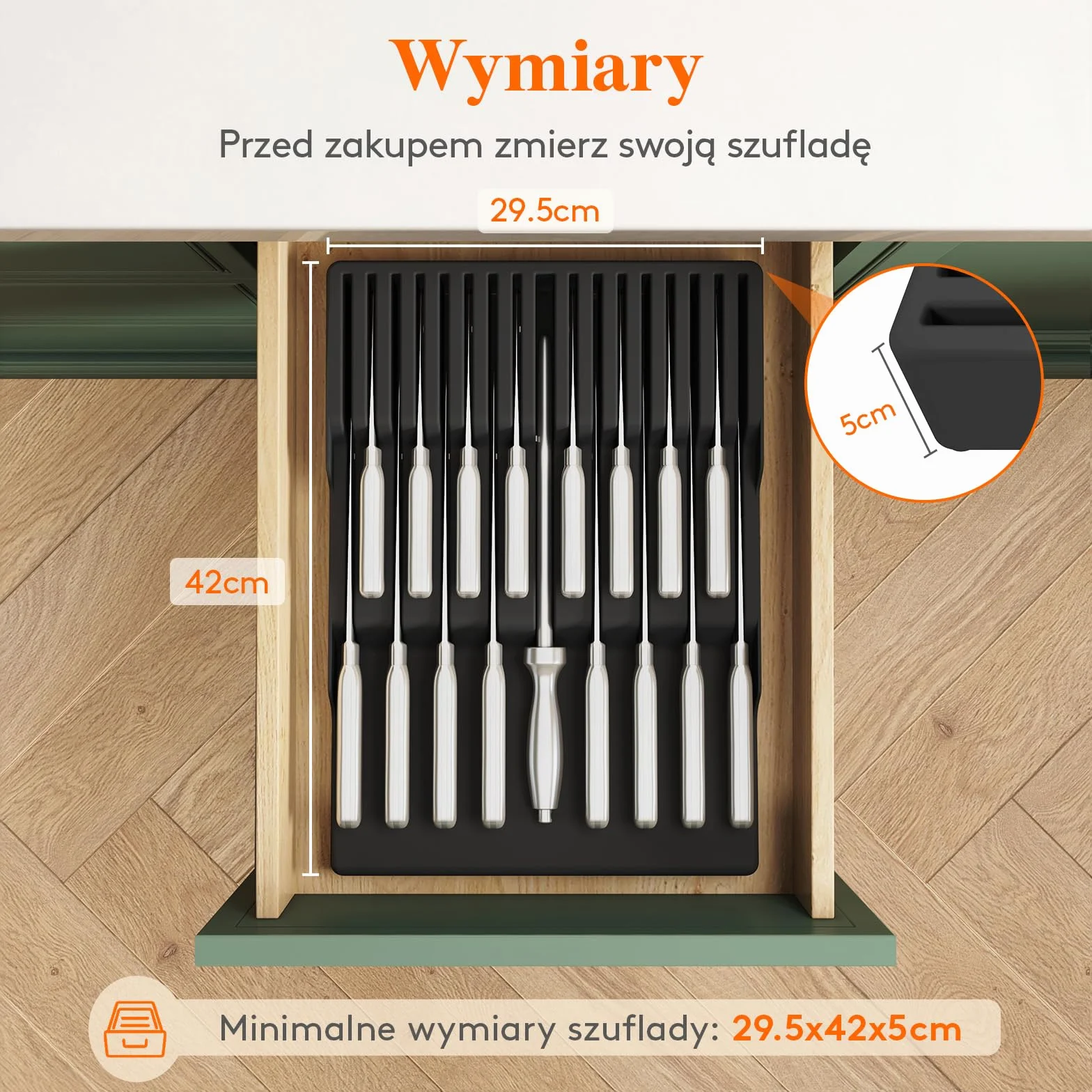 Lifewit Magnetyczny uchwyt na noże, szuflada na 16 noży, 29,5 x 42 x 5 cm, organizer na noże z antypoślizgowym dnem, pusty blok na noże z tworzywa sztucznego, duży wkład do szuflady, czarny