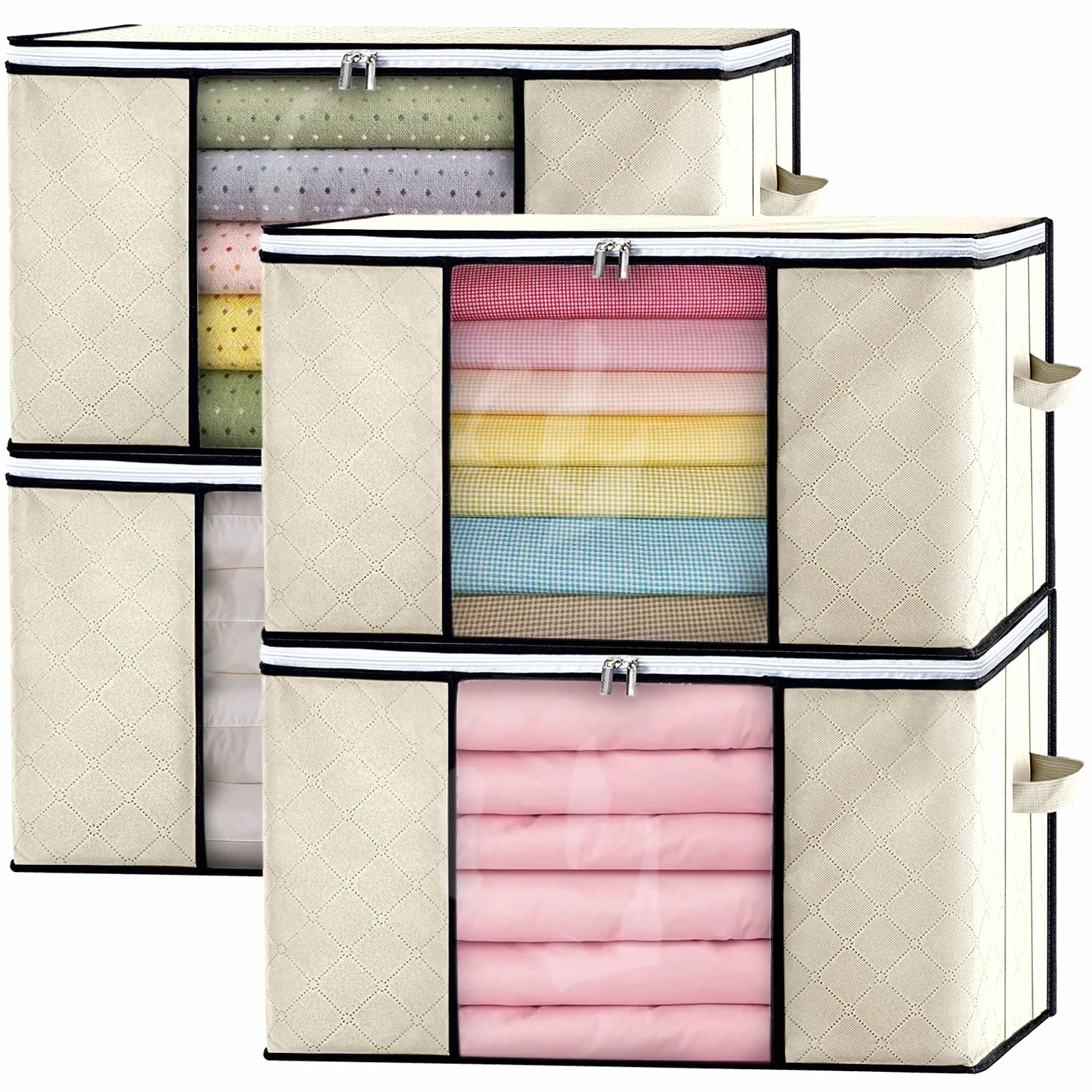 GoMaihe 4 Pack 85L Pudełka do przechowywania o dużej pojemności, składane pojemniki do szafek oszczędzające miejsce, ze wzmocnionym uchwytem Organizer do szafy, pudełka do przechowywania ubrań, kołder, pościeli beżowy