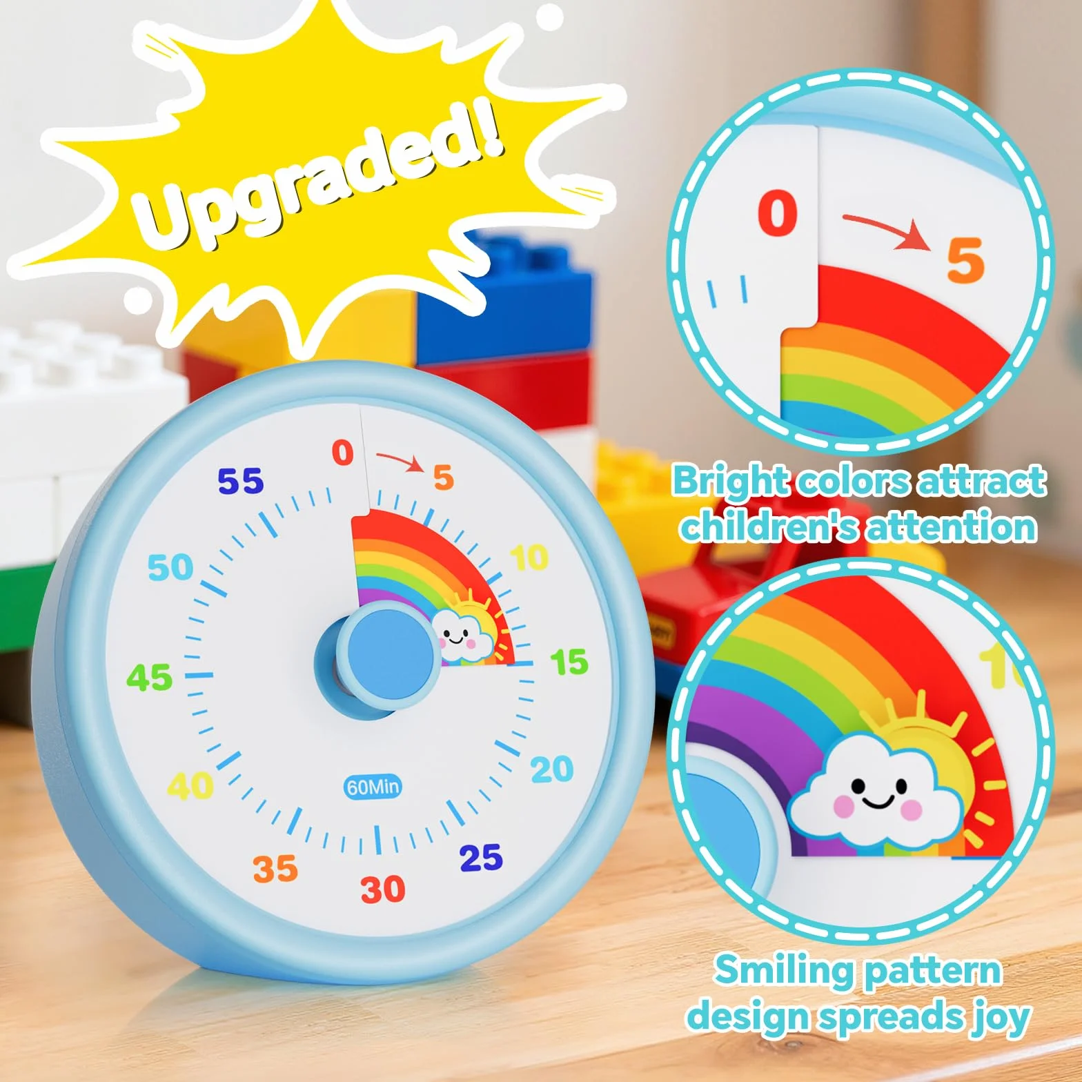 Wizualny Timer dla Dzieci 60 Minut - Cichy Minutnik z Tęczą - Zarządzanie Czasem dla ADHD, Nauki i Szkoły (Niebieski)