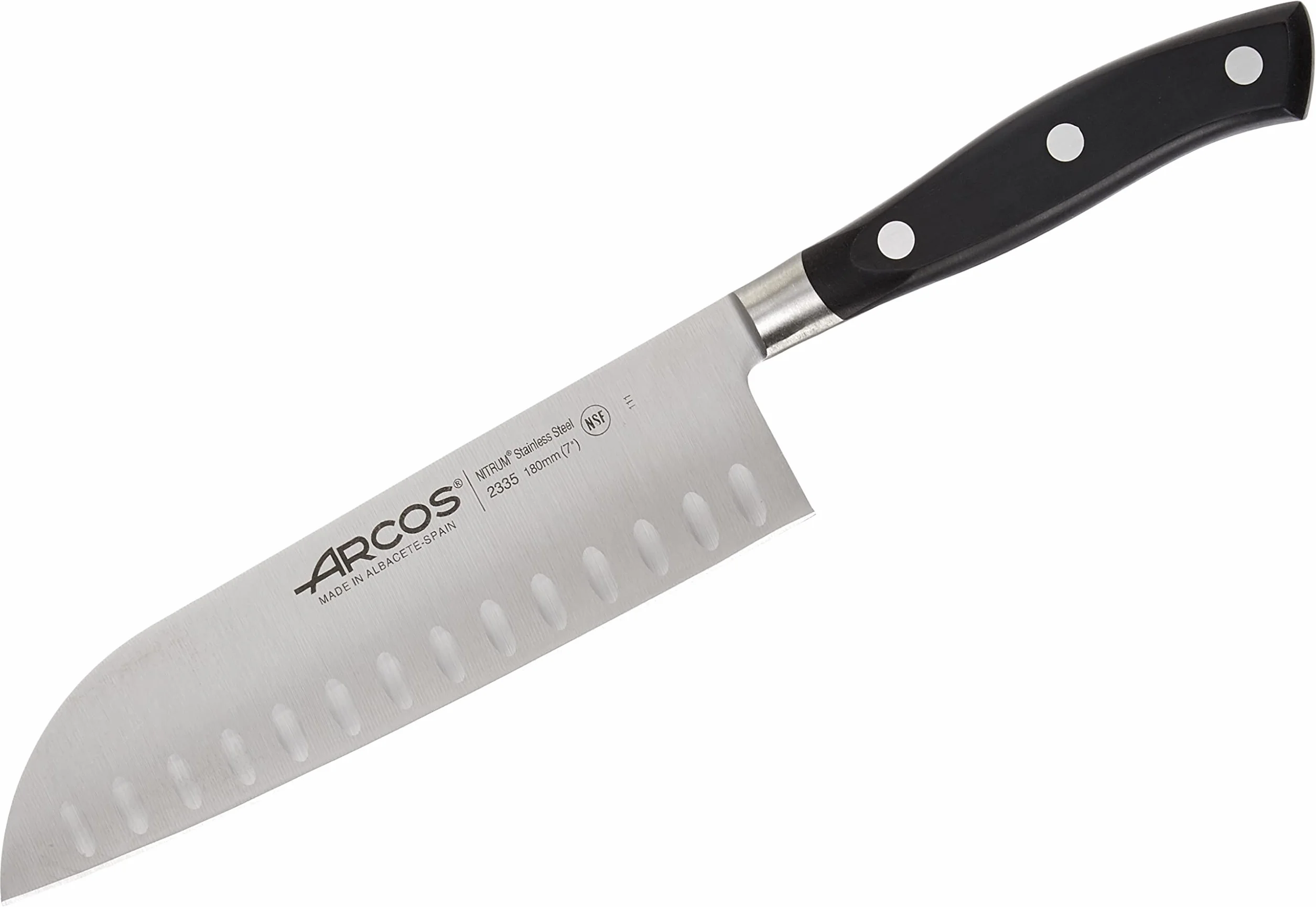 ARCOS Noże Santoku i ze stali. Japoński Kuchenny do krojenia mięsa, ryb i warzyw. Ergonomiczna rękojeść z i ostrze o długości 180 mm. Seria Riviera. Kolor czarny.