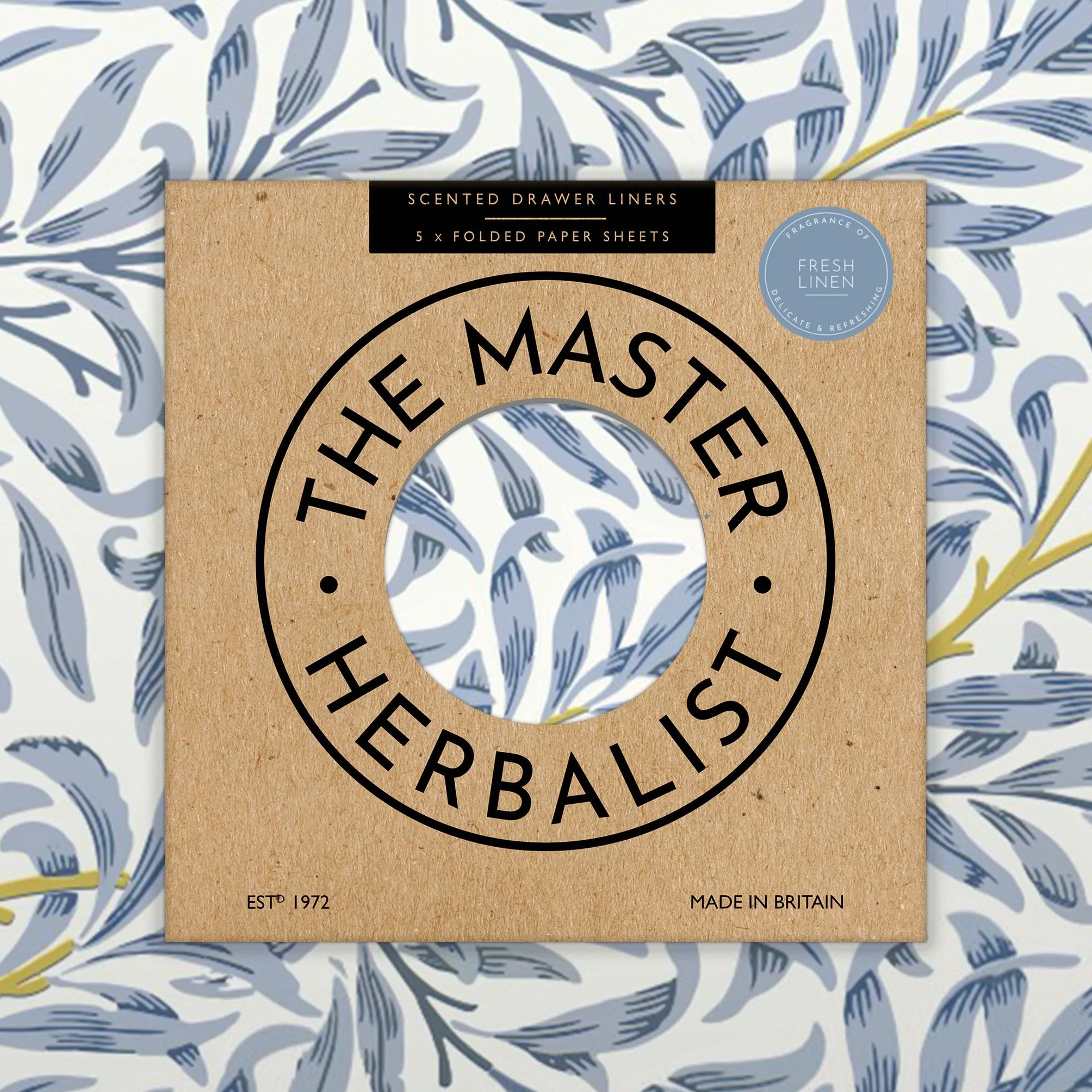 The Master Herbalist FRESH LINEN Zapachowe wkładki do szuflad w kolorze niebieskim William Morris (złożone), opakowanie 5 arkuszy, zawiera olejki eteryczne. Wyprodukowano w Wielkiej Brytanii