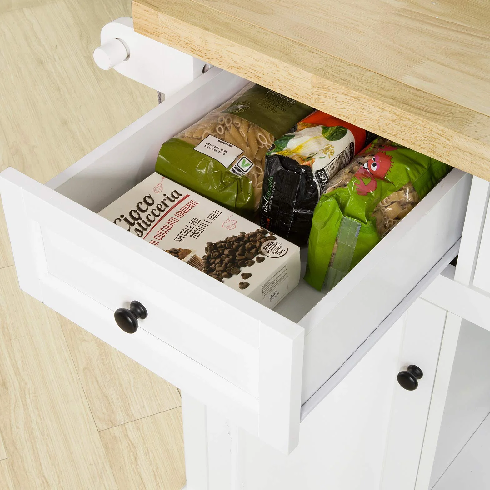 SoBuy FKW101-WN Wyspa kuchenna z blatem roboczym, wózek kuchenny z 2 drzwiami i otwartymi półkami, z 3 szufladami, kredens na kółkach, kolor biały, szer. x wys. x gł. ok.: 115 x 90,7 x 46 cm