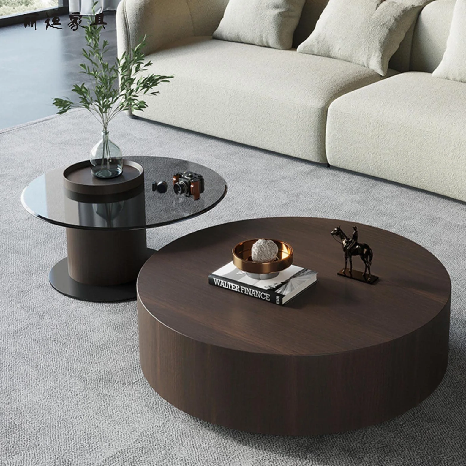 WestUx Nowoczesny okrągły stolik kawowy, zestaw dwóch stolików bocznych Mid Century Minimalist, szklany blat, do salonu, sypialni, biura, 90+60cm