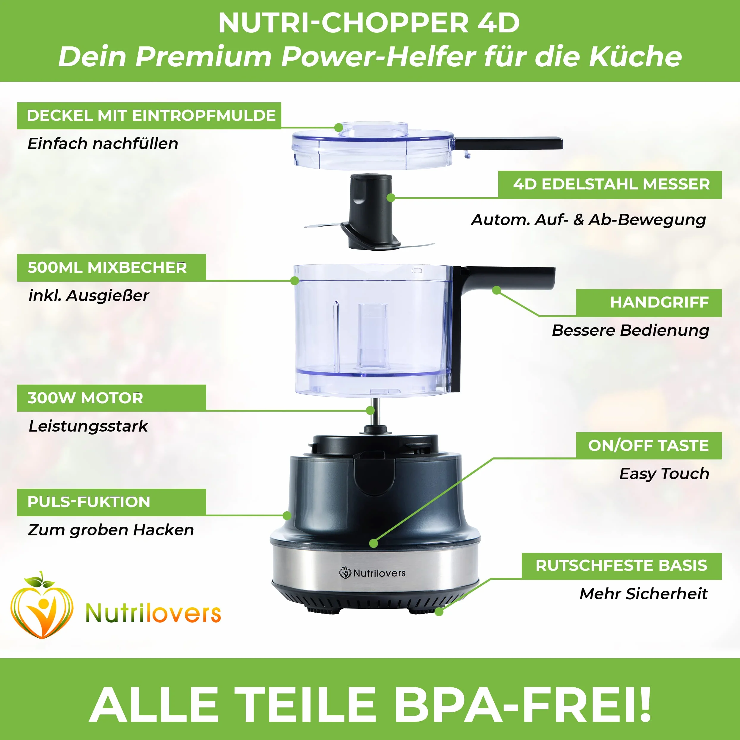 NUTRI-CHOPPER 4D rozdrabniacz kuchenny elektryczny z funkcją AUTO-BLADE, nie zawiera BPA, niemiecka marka, uniwersalny rozdrabniacz do cebuli, mięsa, orzechów pesto