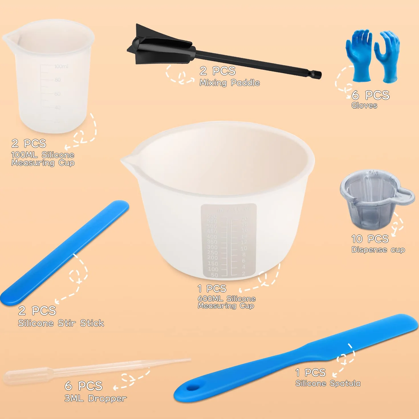 Silikonowe kubki z żywicy epoksydowej, kubek z miarką 600 i 100 ml, pałeczki do mieszania, szpatułki silikonowe, łopatki do mieszania, miarki, pipety, rękawiczki, łatwe czyszczenie