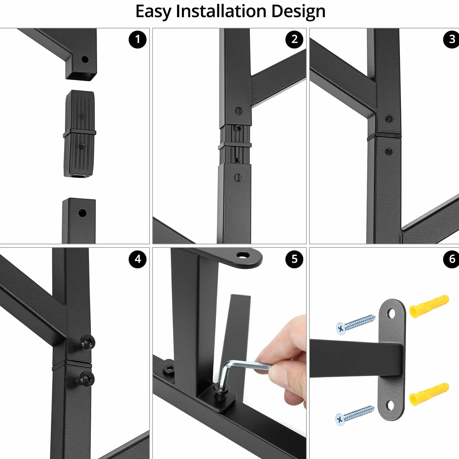 QWORK® Pionowe metalowe wieszaki na ubrania 100 cm do montażu na ścianie, wytrzymały czarny wieszak na ubrania z 8 haczykami do przechowywania oszczędzających miejsce