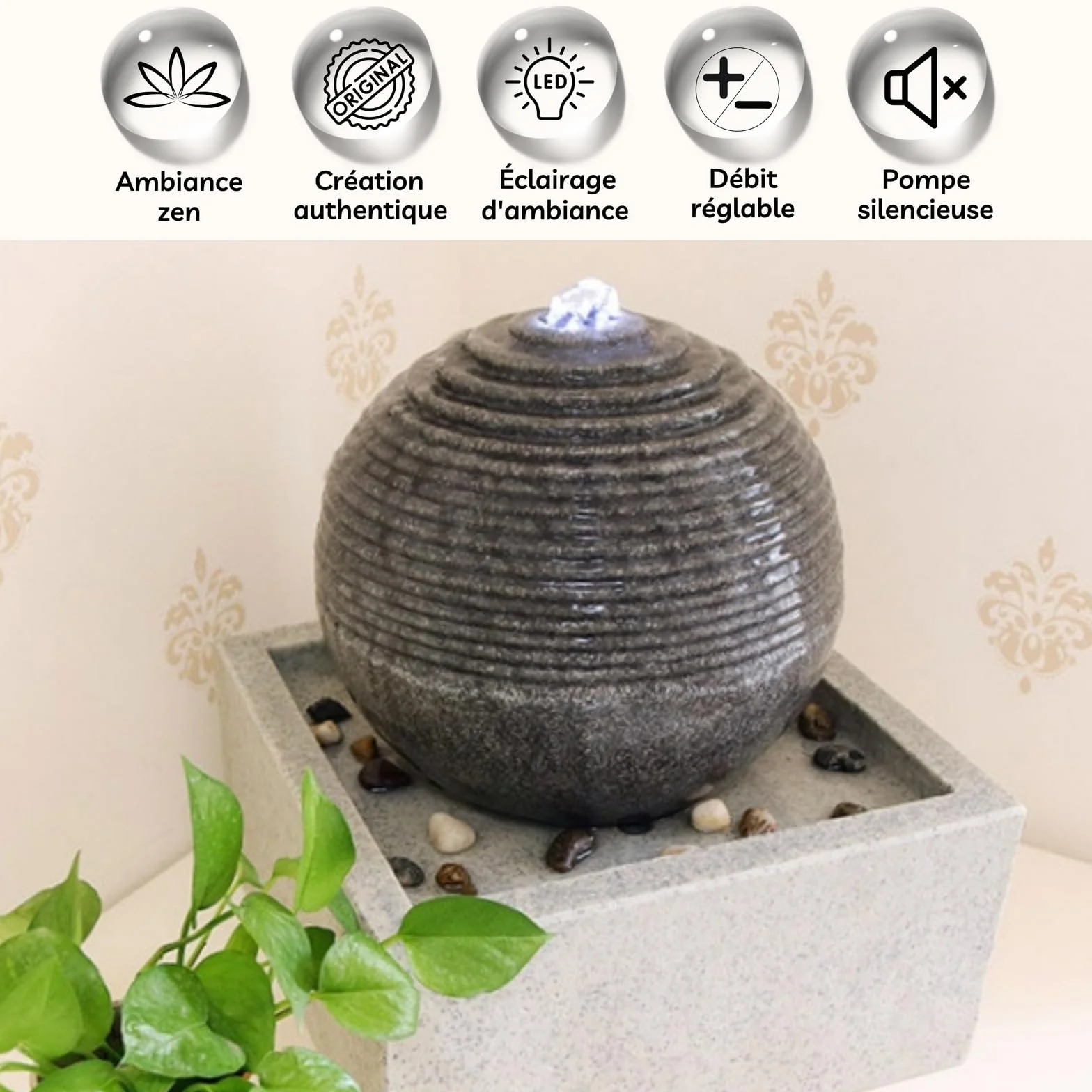 Nowoczesna fontanna wewnętrzna i zewnętrzna biała LED, relaksująca dekoracja stołu, pomysł na prezent na specjalne okazje, wys. 34 x 30 x 30 cm - Bonny Zen'light, szara
