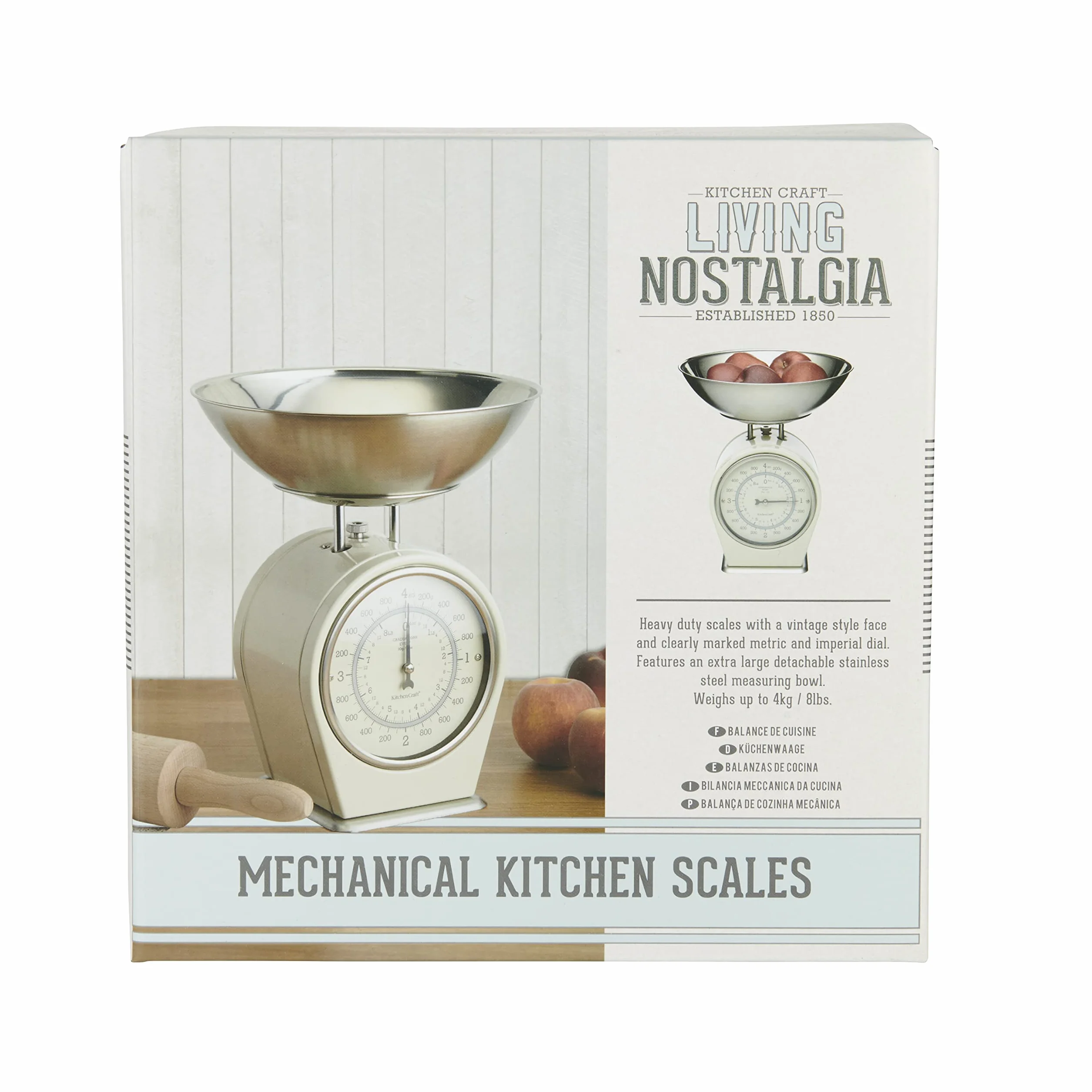 KitchenCraft Living Nostalgia, Mechaniczna Waga Kuchenna, Udźwig: 4 kg, ‎30 × 18 × 18 cm - Kolor Kremowy