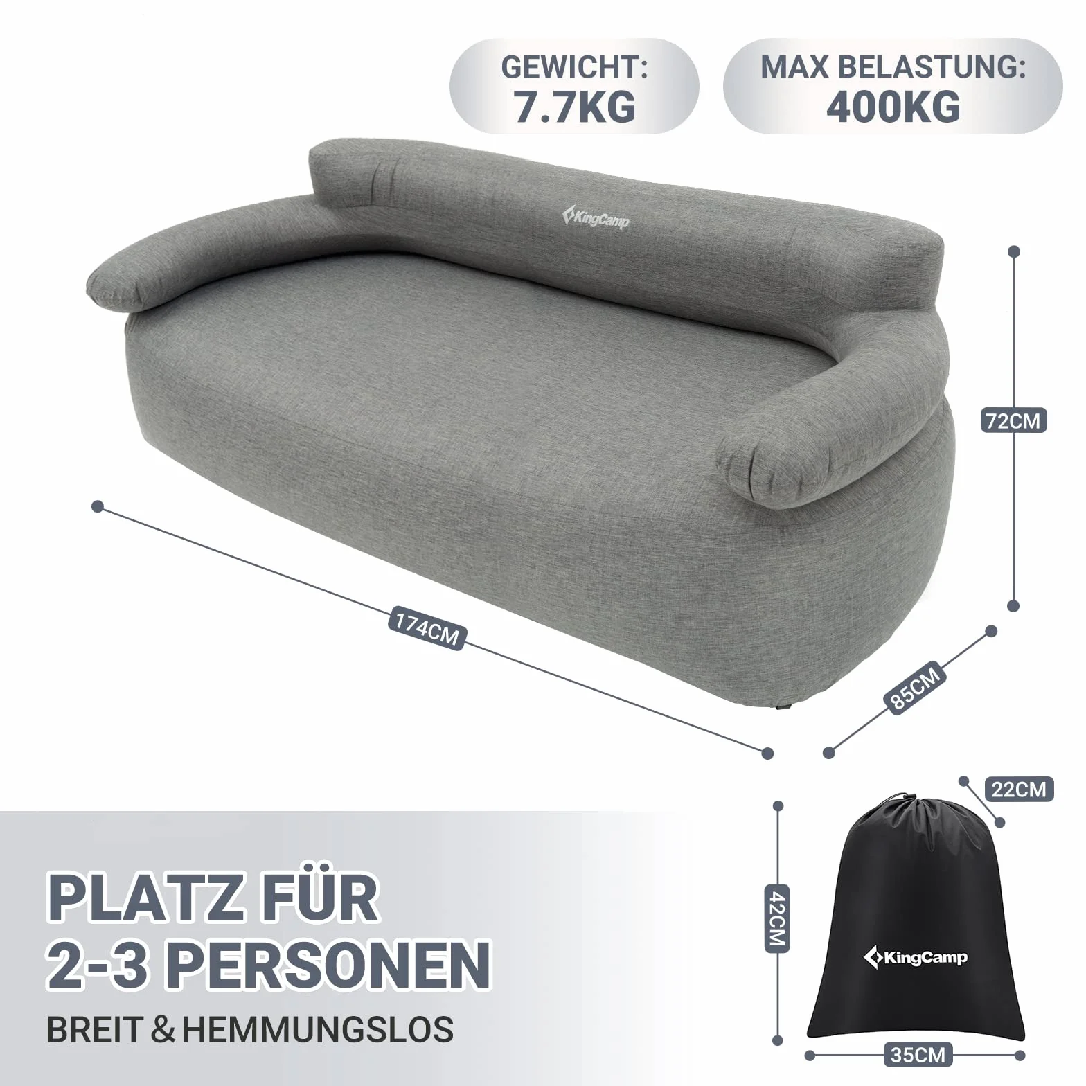 KingCamp Nadmuchiwana sofa kempingowa z podłokietnikami na plecach, do użytku wewnątrz i na zewnątrz, na imprezę, w podróży, na plażę