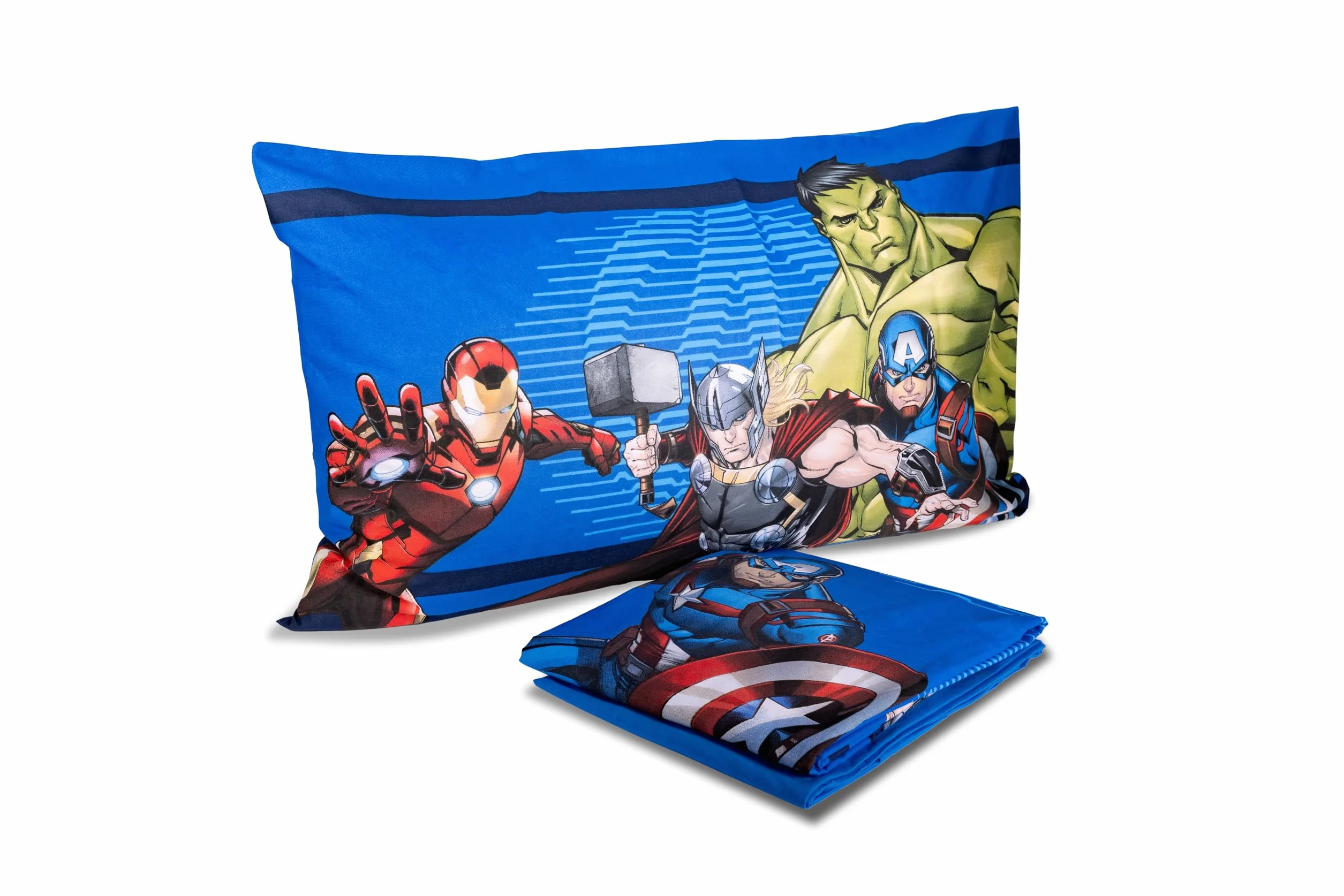 Avengers komplet pościeli Disneya Queen size, prześcieradło wierzchnie, prześcieradło wierzchnie, prześcieradło z gumką, poszewka na poduszkę, niebieski, Marvel, Disney, 100% bawełna, oficjalny