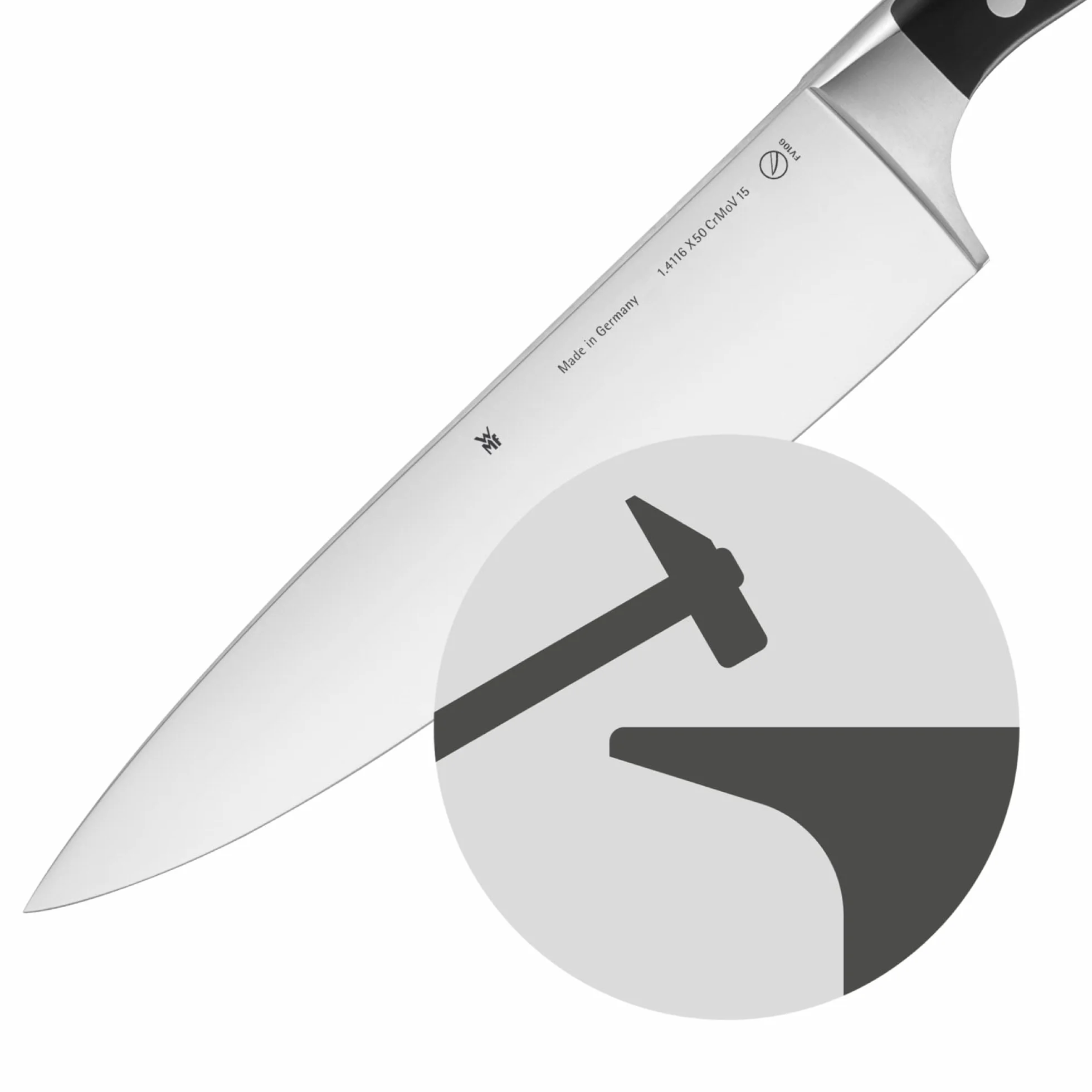WMF nóż do steków Spitzenklasse Plus długość 22 cm długość ostrza 12 cm ząbkowane krawędzie wydajność cięcia wyprodukowano w Niemczech kuty specjalne ostrze stal bezszwowo nitowany plastikowy uchwyt