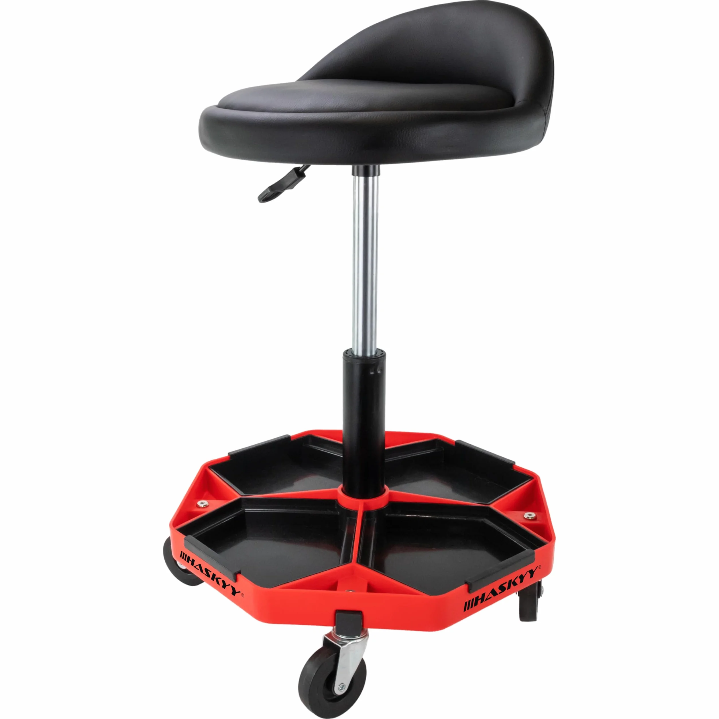 HASKYY Taboret warsztatowy z oparciem | regulacja wysokości 43-58 cm | taboret na kółkach do 150 kg | siedzisko warsztatowe z półkami | taboret do gabinetu i warsztatu z kółkami 360°