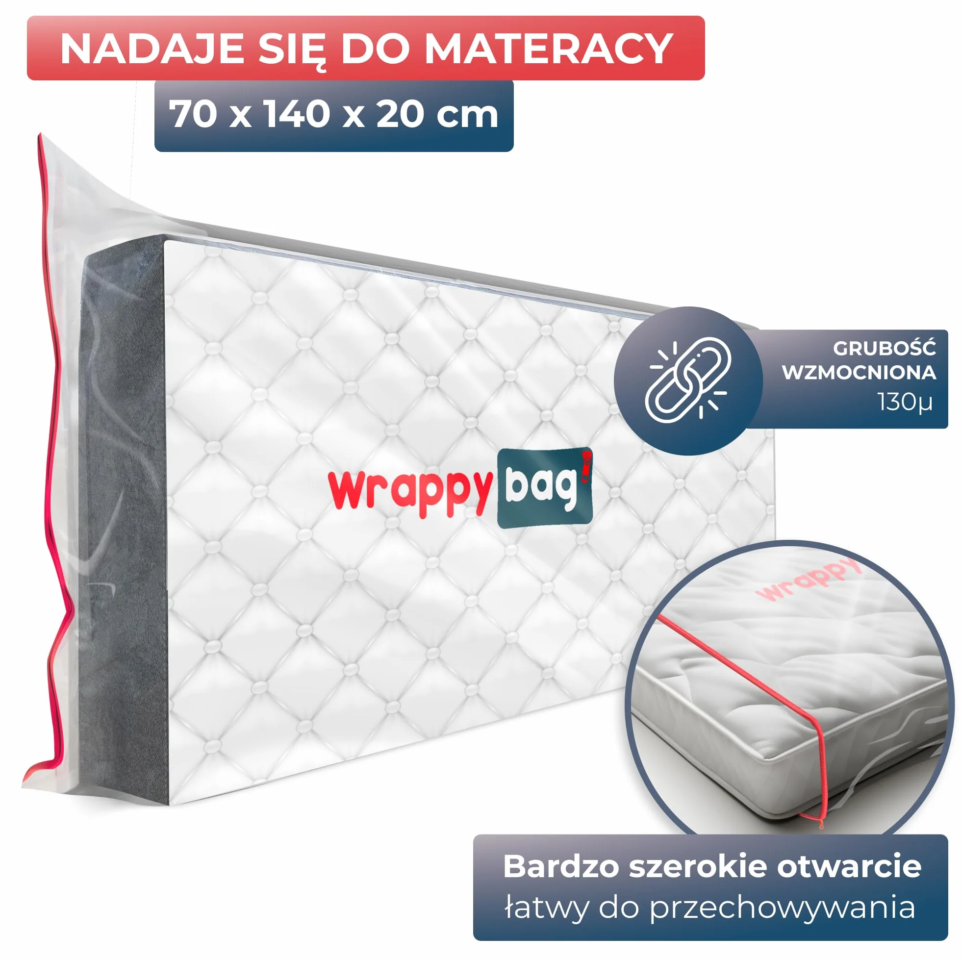 WRAPPYBAG – Plastikowy pokrowiec ochronny na materac – Wodoodporna i odporna na rozdarcie torba do przechowywania – do przenoszenia, przechowywania i transportu (70x140cm)