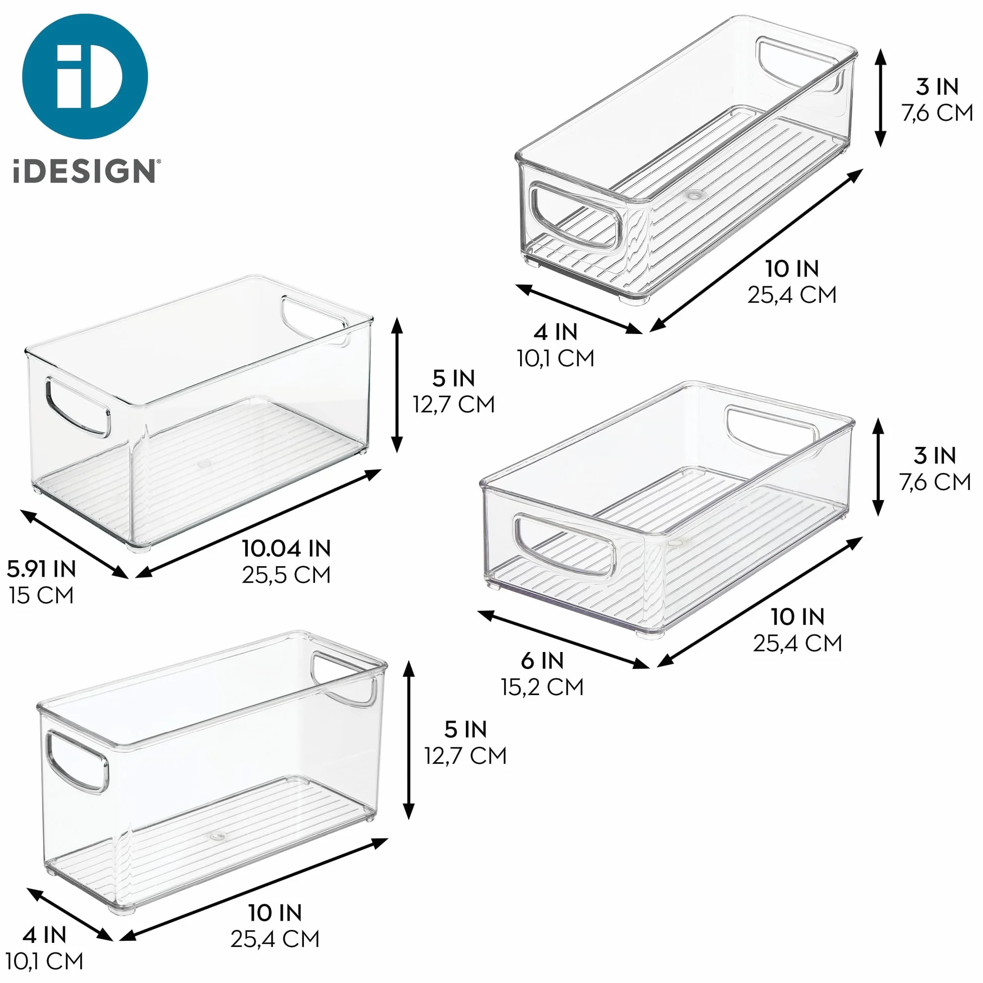 iDesign Zestaw pojemników z tworzywa sztucznego w 50% z recyklingu do spiżarni i organizacji szafek, wyprodukowany w USA – różne rozmiary, przezroczysty