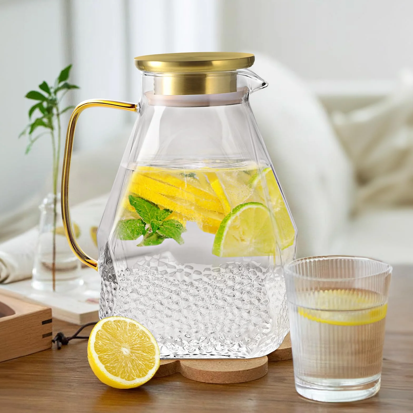 ecooe Szklana karafka na wodę 1,8 l do drzwi lodówki, karafka szklana z pokrywką ze stali nierdzewnej, klips do lodówki, dzbanek na wodę do gorącej i zimnej wody, napojów DIY, mrożonej herbaty, soku