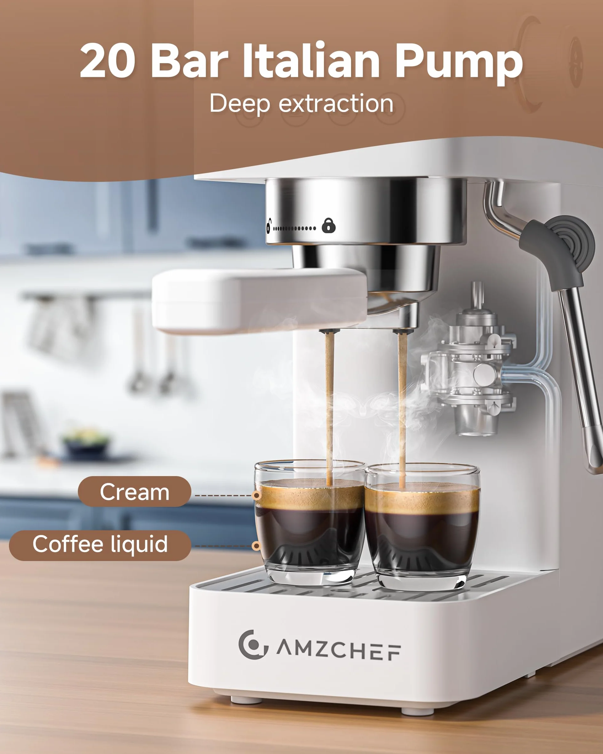 AMZCHEF Ekspres do kawy z sitkiem, 20 bar, ekspres do espresso z profesjonalnym spieniaczem do mleka, mały ekspres do kawy do cappuccino, latte i macchiato, zbiornik na wodę 1,5 l, biały