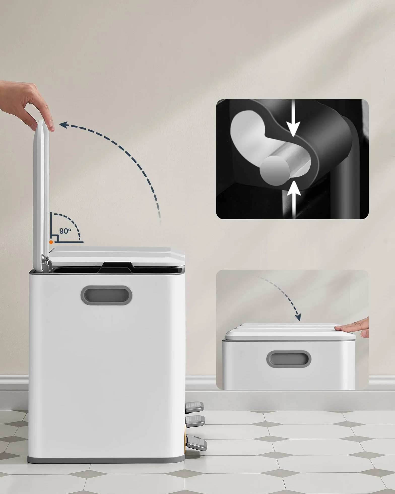 SONGMICS HOME Potrójny kosz kuchenny, 15 l, z kolorowymi pedałami, systemem oddzielania odpadów, pokrywkami i wewnętrznymi wiaderkami, stal, Cloud White LTB740W02V1