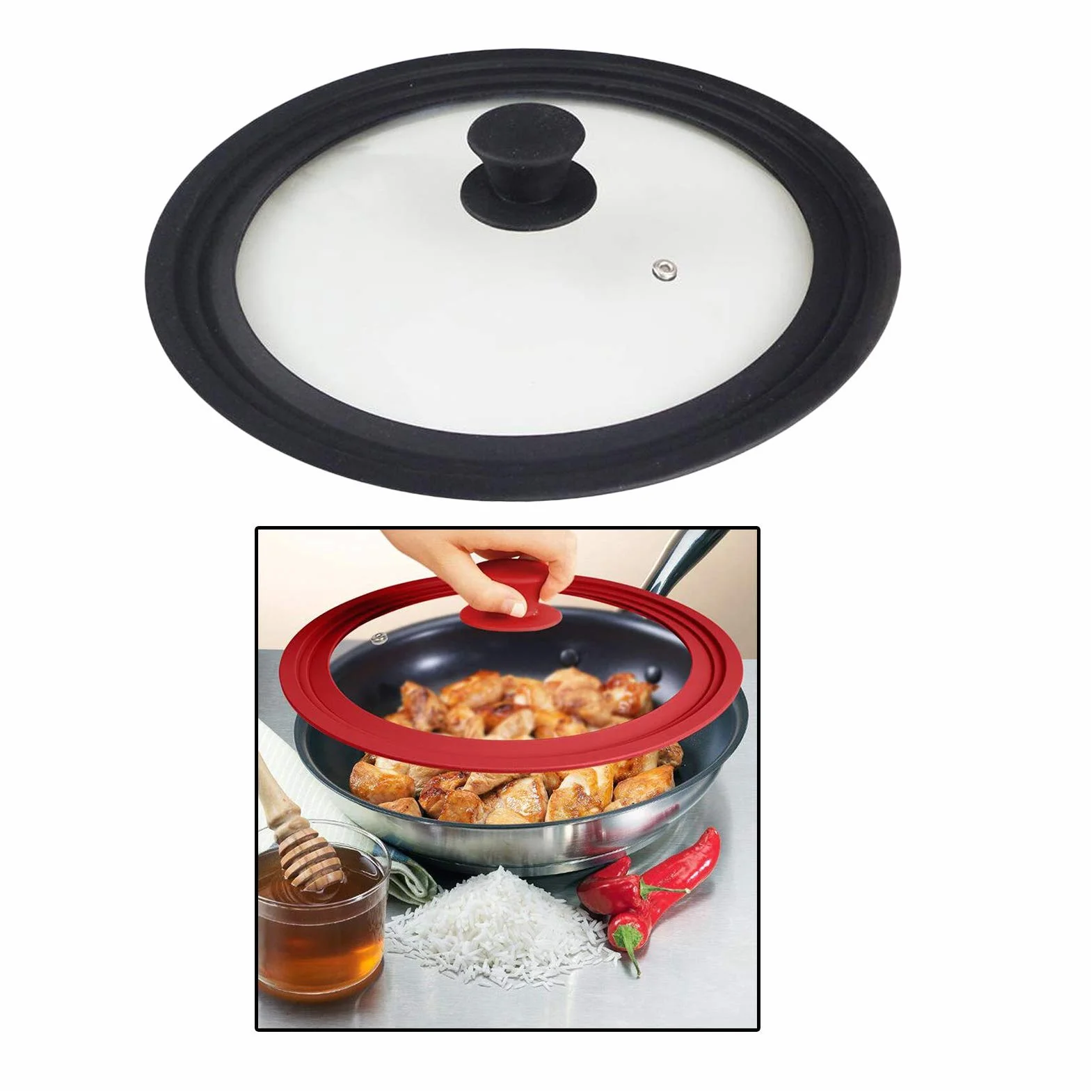Uniwersalne silikonowe szklane pokrywy do garnków, patelni, naczyń kuchennych, wymienne pokrywki (czarne, 34 cm)