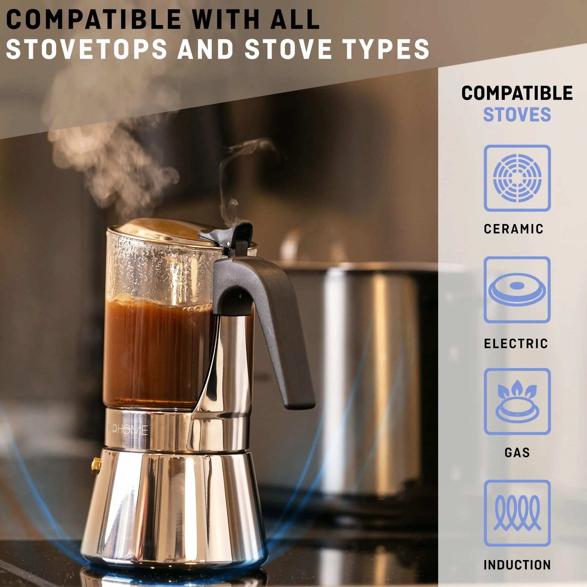 VeoHome Włoski ekspres do kawy ze szkła i stali nierdzewnej 360 ml, ekspres do kawy Moka do kuchenki indukcyjnej, gazowej, ceramicznej, styl espresso, 7 filiżanek, bezpieczny, można myć w zmywarce