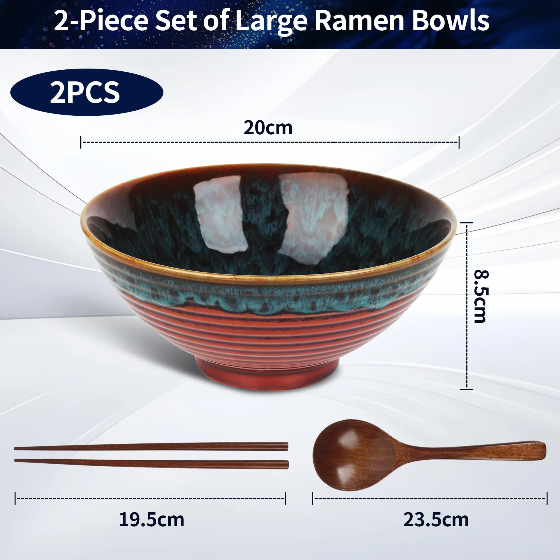 2 x 1200ml Zestaw Misek Ramen z Ceramiki z Pałeczkami i Łyżkami, 20cm Miska Bowl Do Zupy dla Ramen Bowl, Zestaw Ramen, Miska Ramen Duża, Bowl Miska, Zestaw Misek Kuchennych