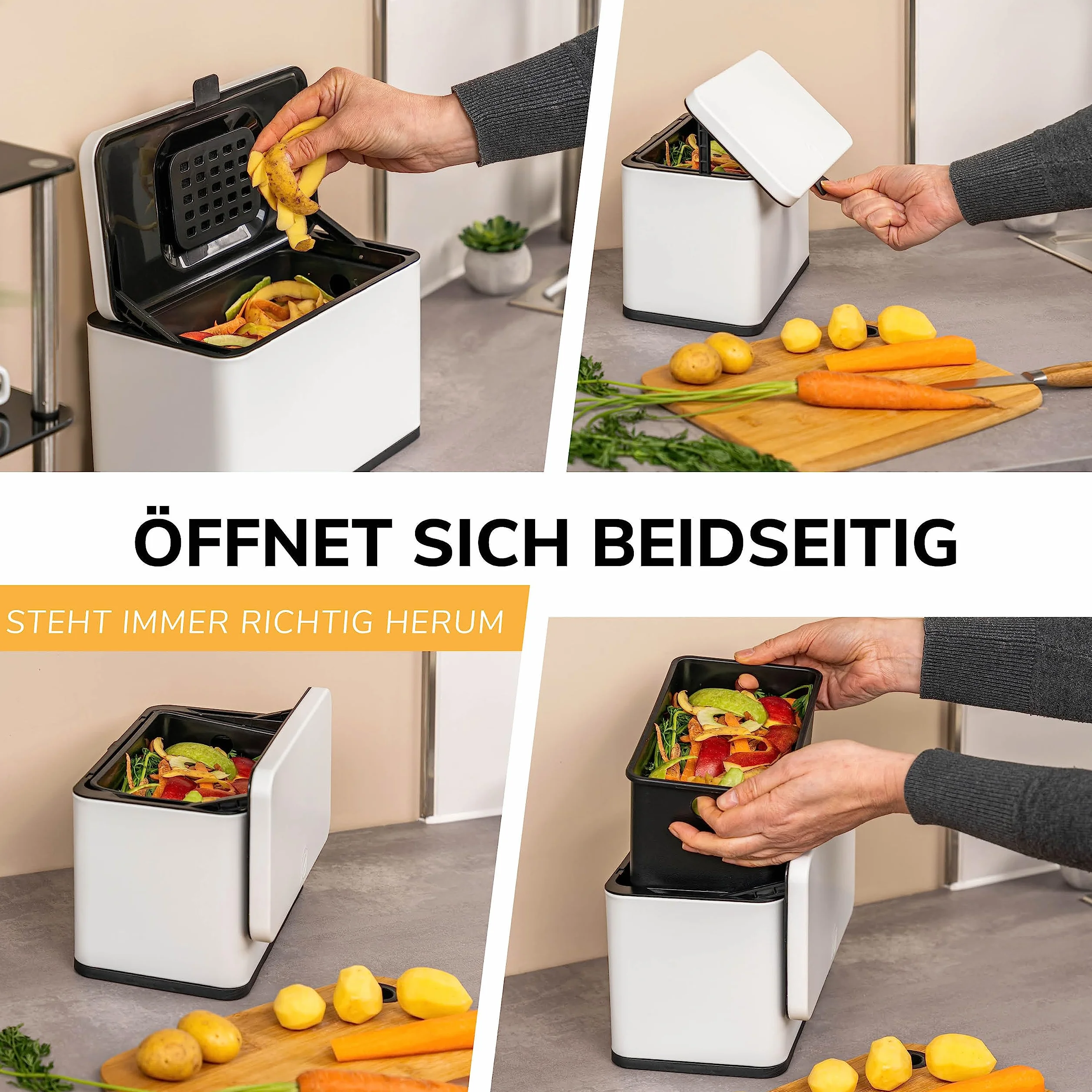 eluno Kosz na śmieci ekologiczny, 3 l, z filtrem zapachowym, do zawieszenia, postawienia lub klejenia, pojemnik na kompost, 3 rodzaje montażu (biały)