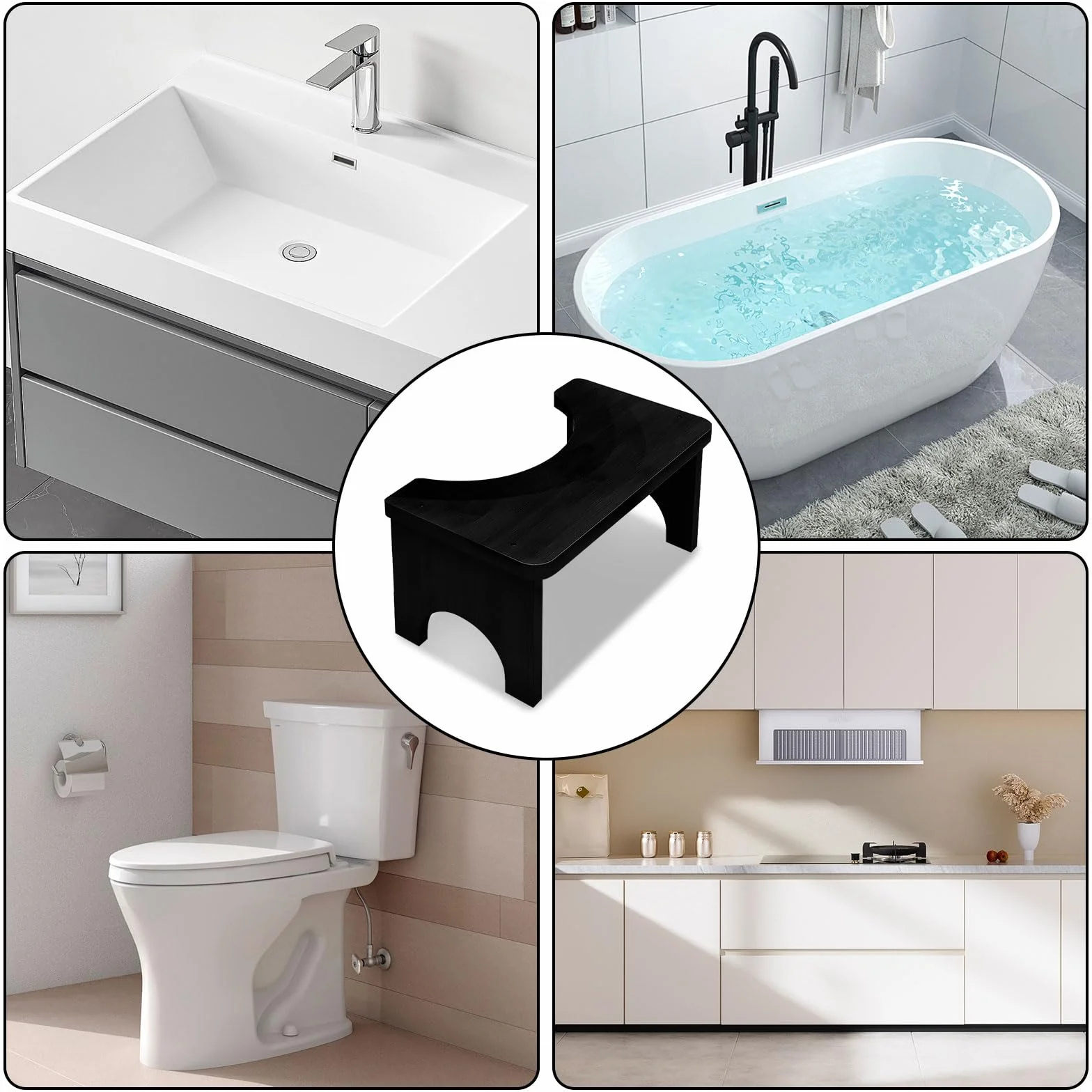 Taboret toaletowy z bambusa, 37 x 20 x 17 cm, antypoślizgowy i ergonomiczny taboret do WC, wspomagający trawienie, nie zajmuje dużo miejsca, taboret toaletowy do toalety i łazienki (czarny)