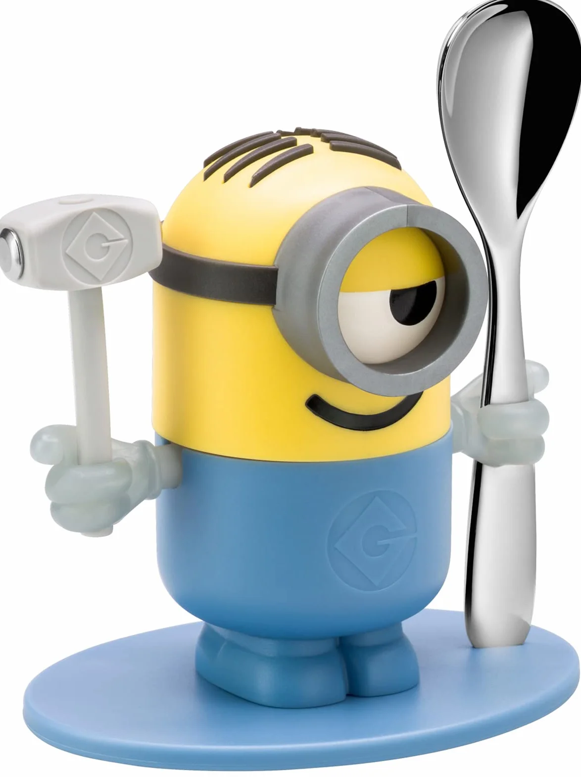 WMF Minionki kubek do jajek z łyżką plastikowy Cromargan polerowana stal nierdzewna nadaje się do mycia w zmywarce, żółty niebieski, bez grawerowania