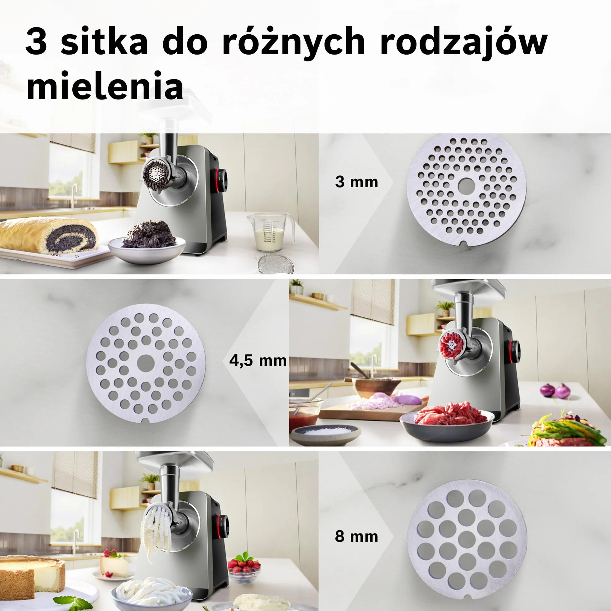 Bosch, MultiPower Serie 8, maszynka do mielenia mięsa, moc blokowania silnika do 2500 W, młynek do mięsa, nasadka do kiełbas i kebbe, czarna, MFWS820M