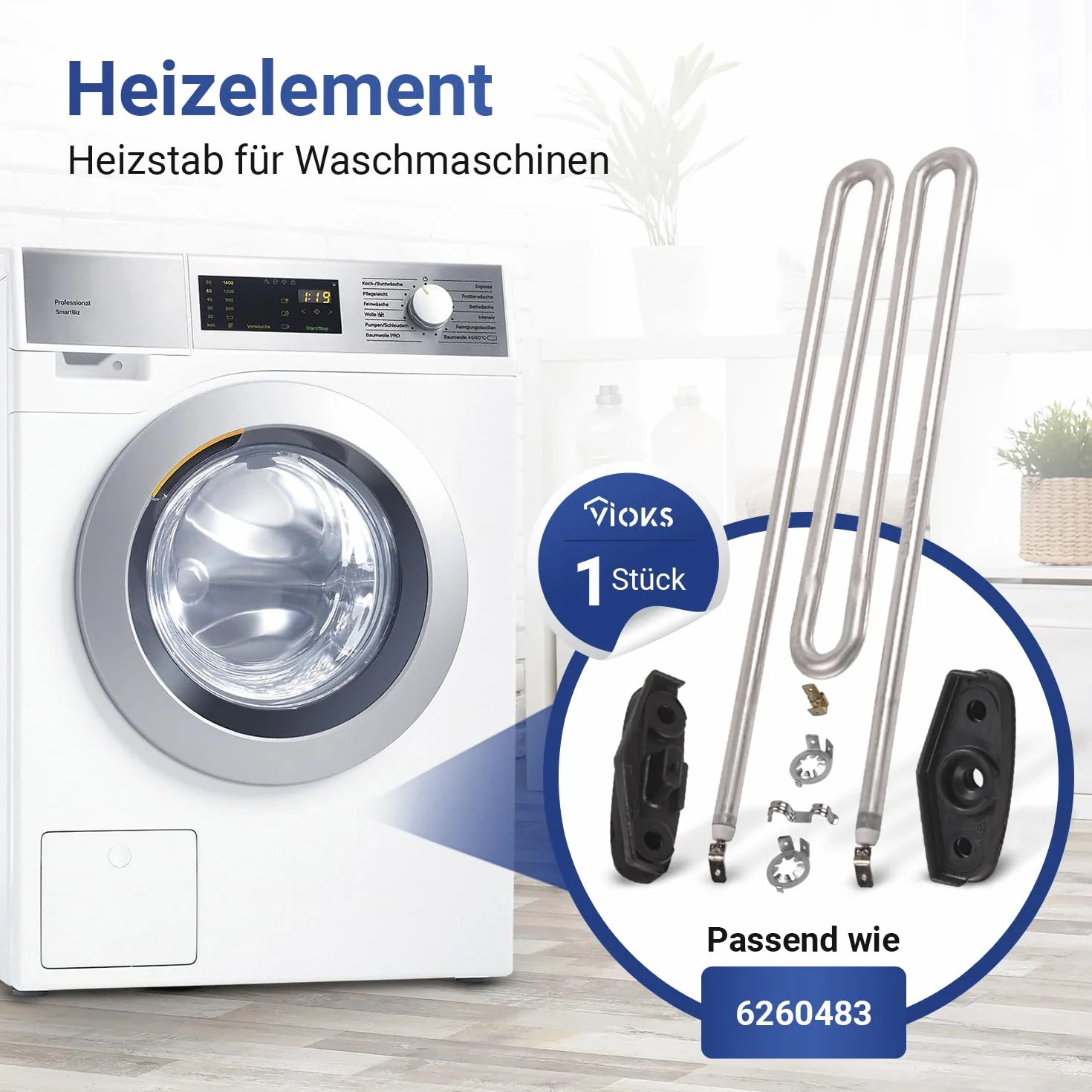 VIOKS Element grzejny 230 V 2100 W zamiennik pręta grzewczego Miele 6260482 6260483 6260485 i pręt grzewczy IRCA 4043769 - ogrzewanie 230 V pręt grzejny zamiennik do pralek