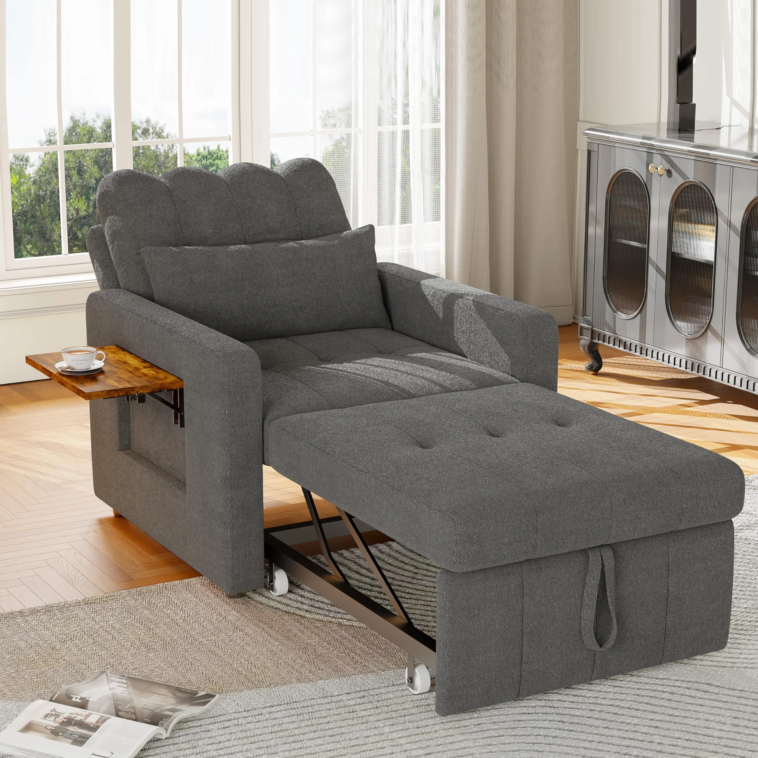 Fotel do spania 3 w 1 z funkcją łóżka, rozkładana sofa ze składanymi stolikami do herbaty, pojedyncza sofa do spania, rozkładane krzesło, regulowany pojedynczy fotel z poduszkami, powierzchnia