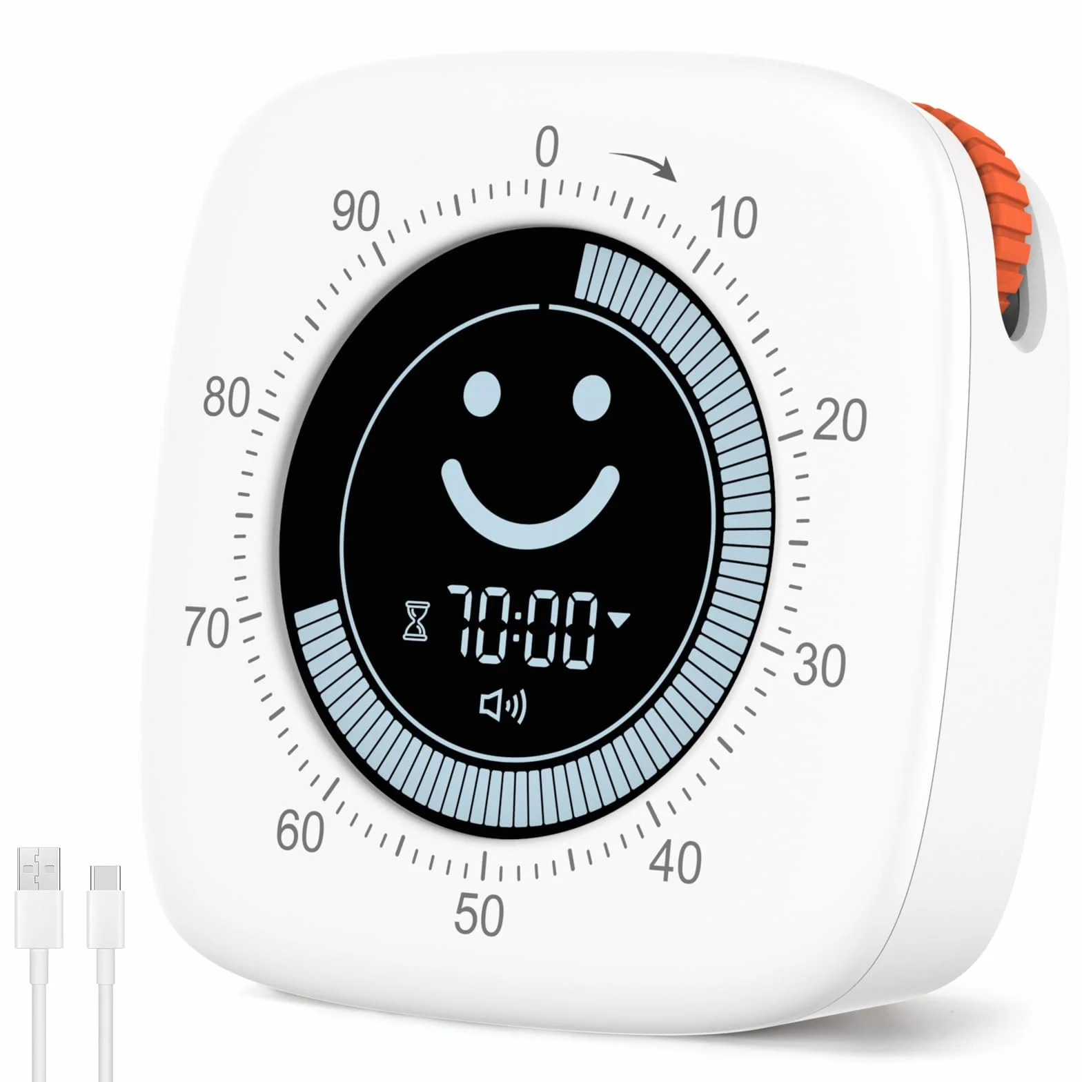 Cuteefun 100-minutowy wizualny timer Pomodoro z wyświetlaczem Smiley, szybkie przesuwanie, tryb wyciszenia i wibracji, regulowana głośność, krótki timer do kuchni i gabinetu