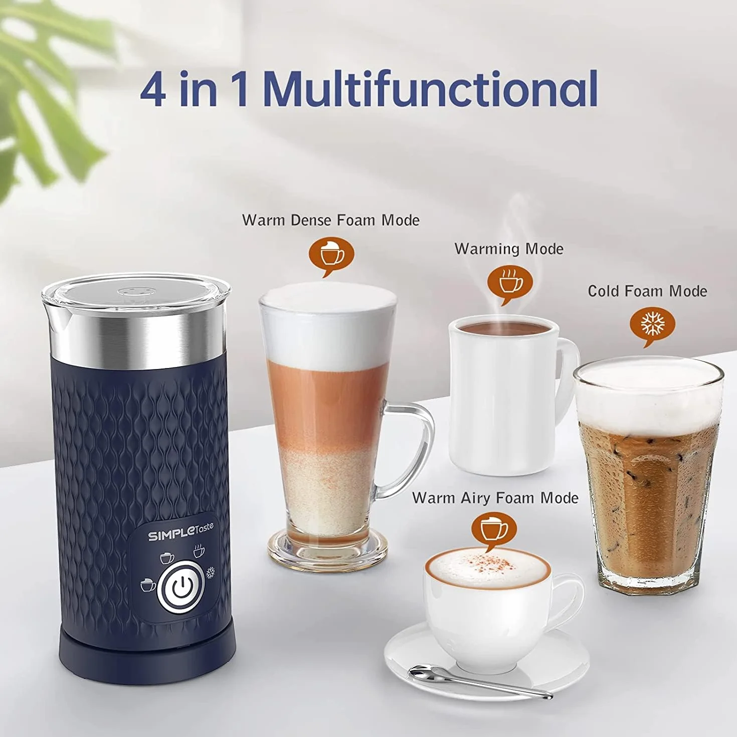 SIMPLETaste Spieniacz do mleka, elektryczny parownik do mleka 4 w 1, automatyczny zaparzacz do gorącej i zimnej pianki oraz podgrzewacz do mleka do latte, cappuccino, macchiato
