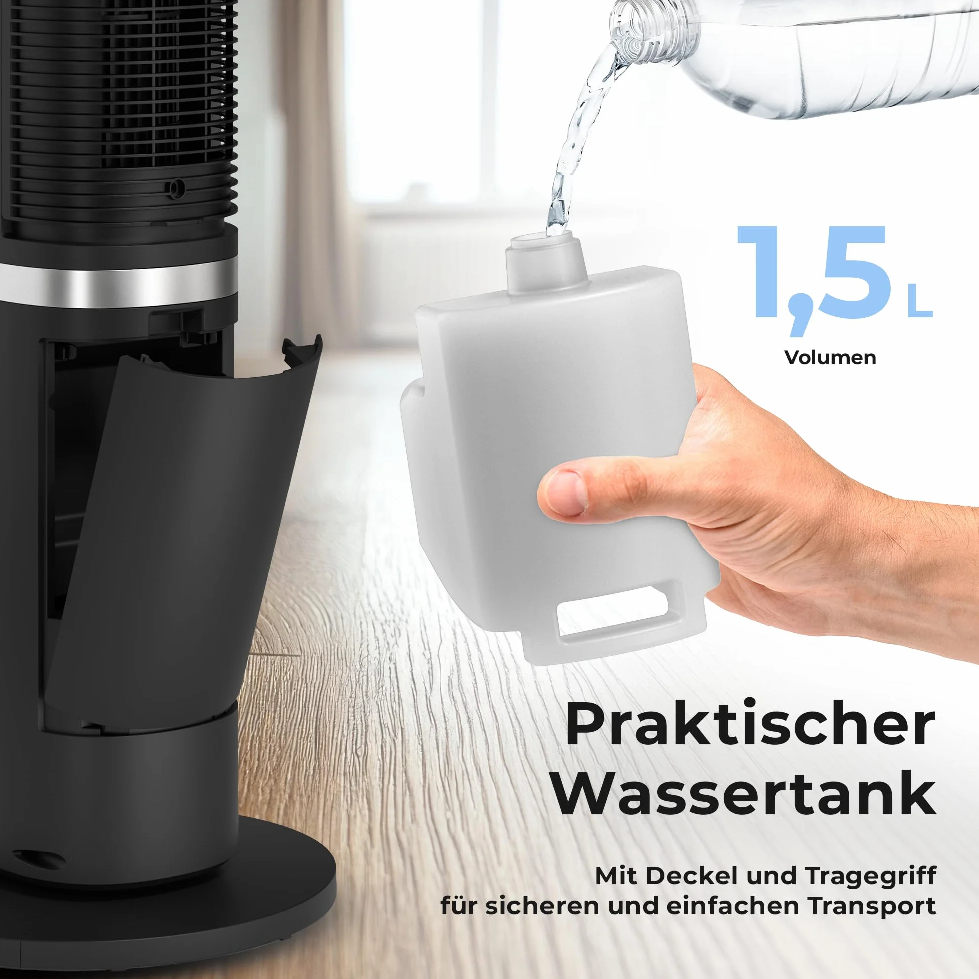 Balter Przenośny klimatyzator 5 w 1 bez węża wylotowego – wentylator z chłodzeniem wodnym – chłodnica i oczyszczacz powietrza, nawilżacz powietrza, wentylator kolumnowy z chłodzeniem wodnym, timer