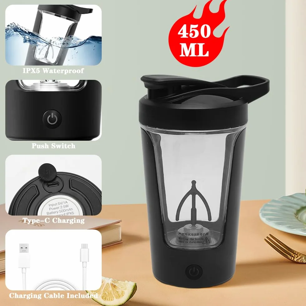 LOMUG Elektryczny shaker do białek 450 ml automatyczny mikser proteinowy ładowany USB czarny